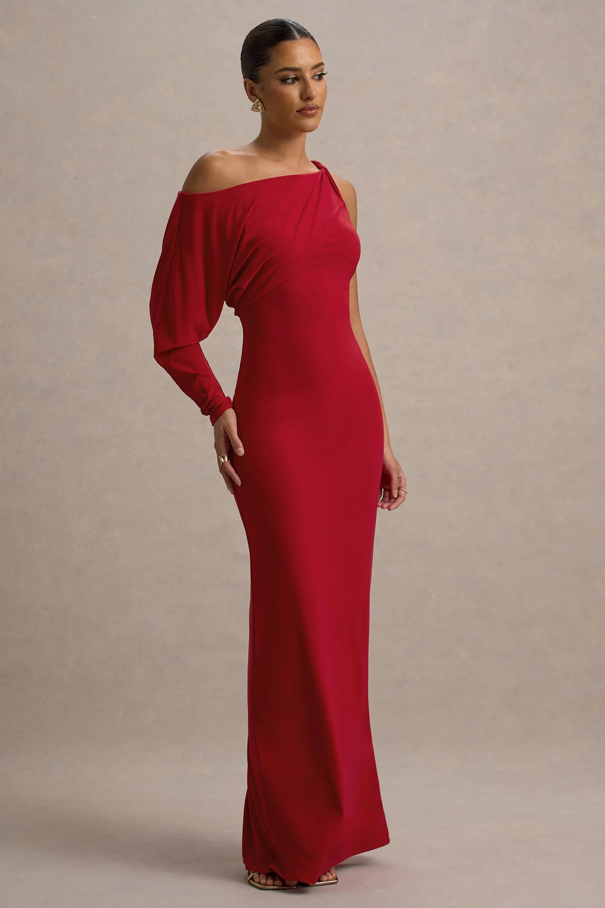 Floria Red Draped One Sleeve Maxi Dress