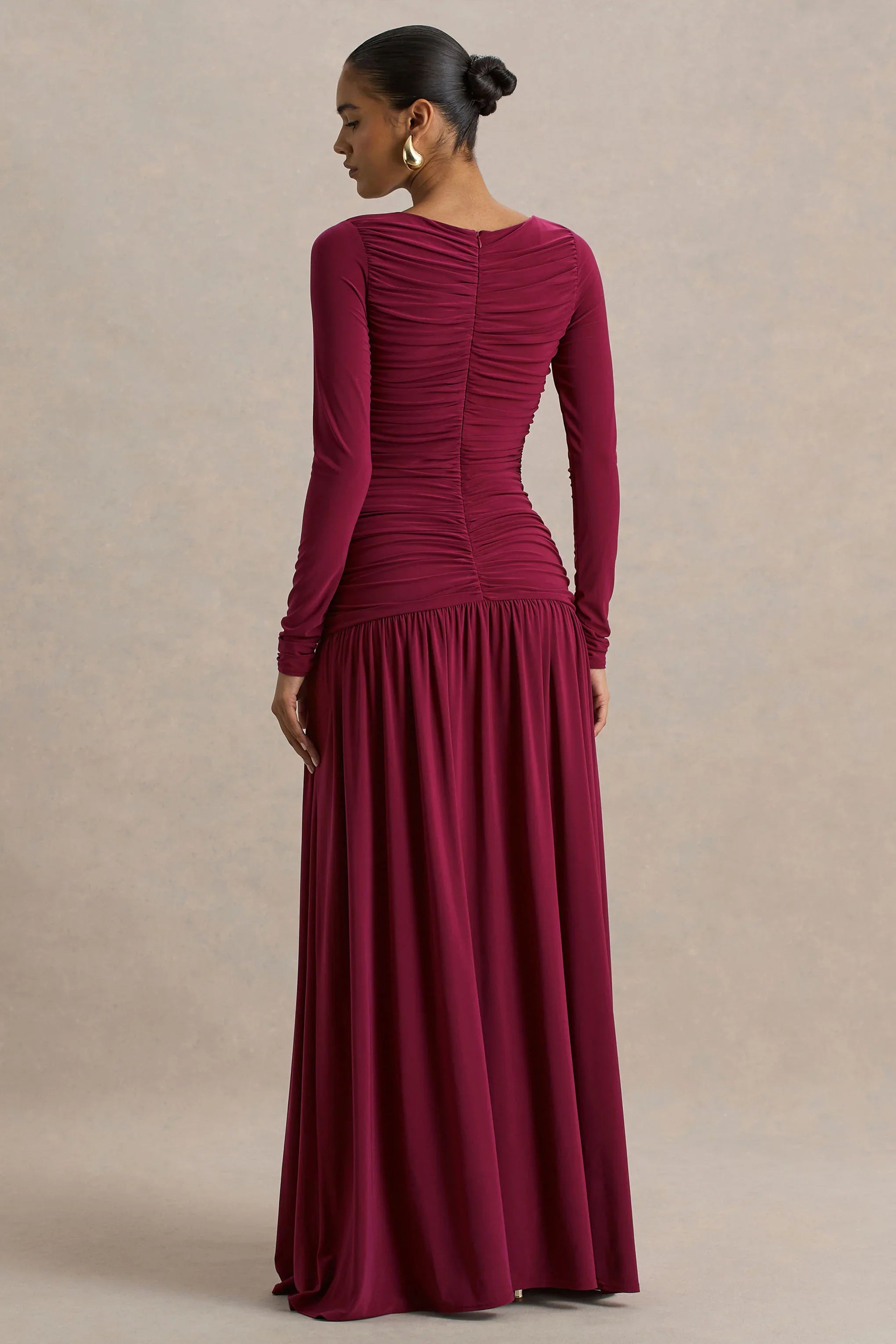Aniyah Burgundy Slashed Neck Maxi Dress With Ruched Detailing