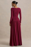 Aniyah Burgundy Slashed Neck Maxi Dress With Ruched Detailing