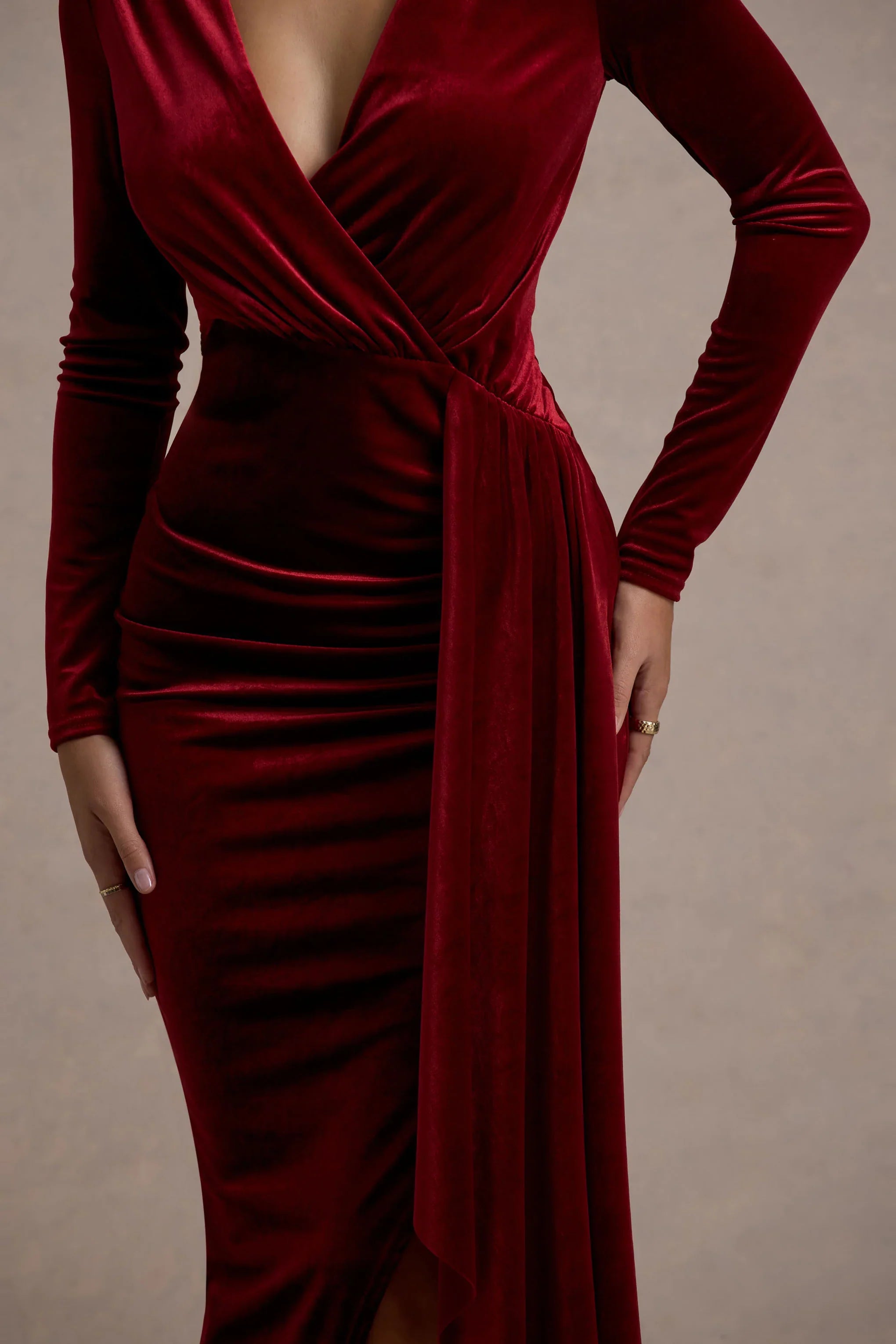 Arcadia Berry Velvet Plunge Neck Wrap Midi Dress