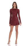 Sequin Long Sleeve Open Back Dress in Maroon