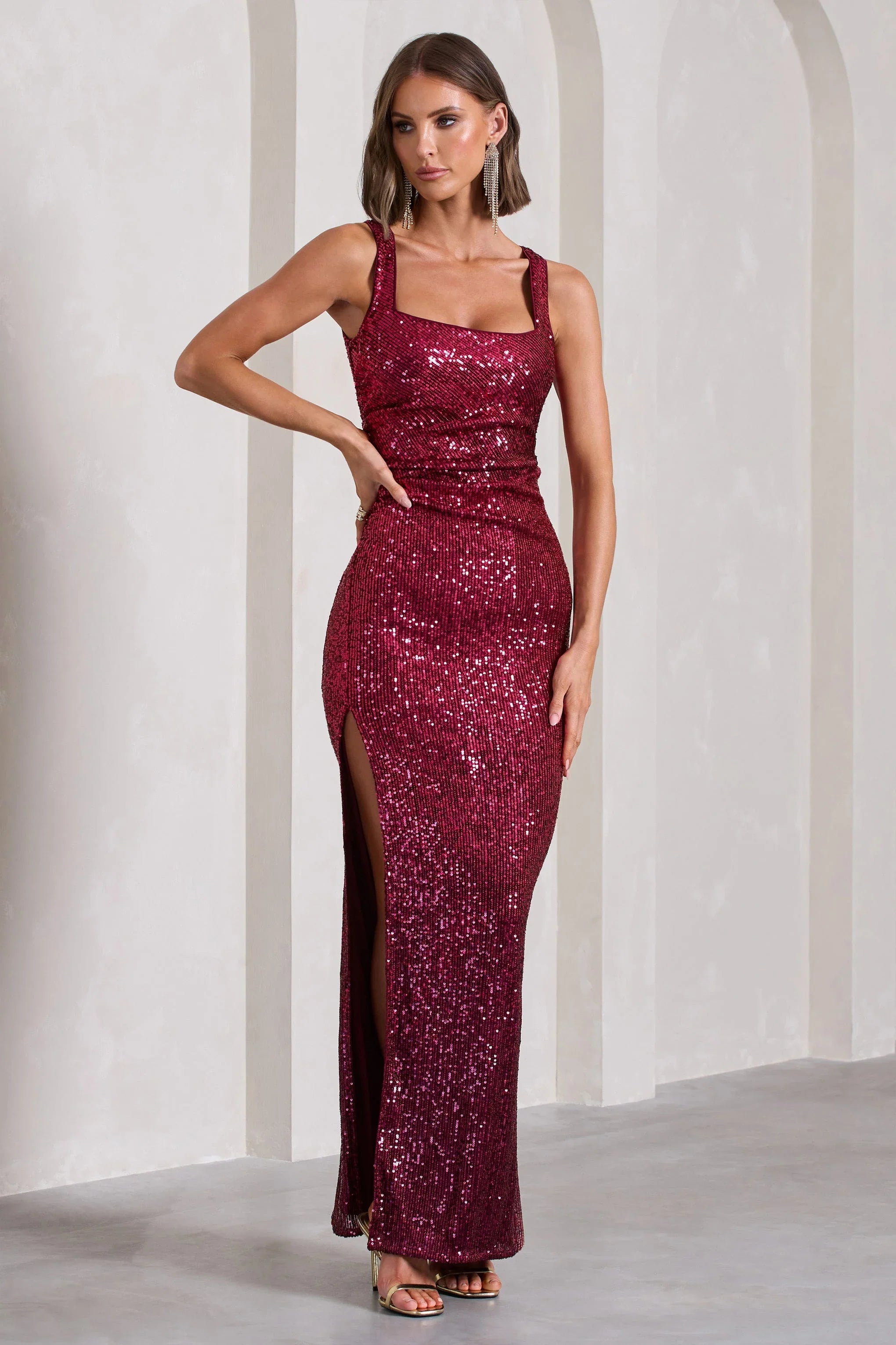 Yvonne Plum Sequin Open Back Bodycon Maxi Dress