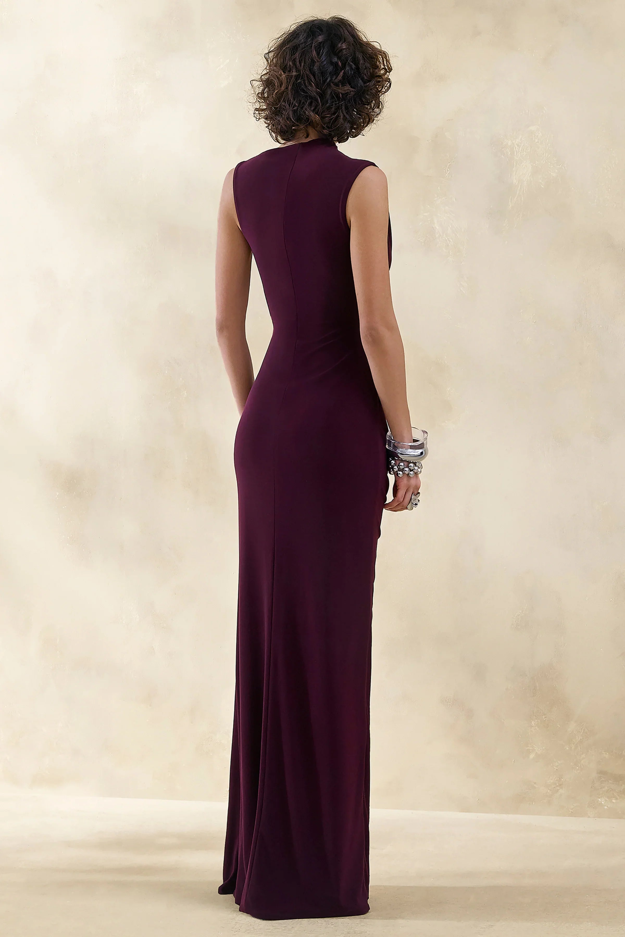 Helessia Dark Plum Asymmetric Neck Maxi Dress With Gathered Detailing And Sash