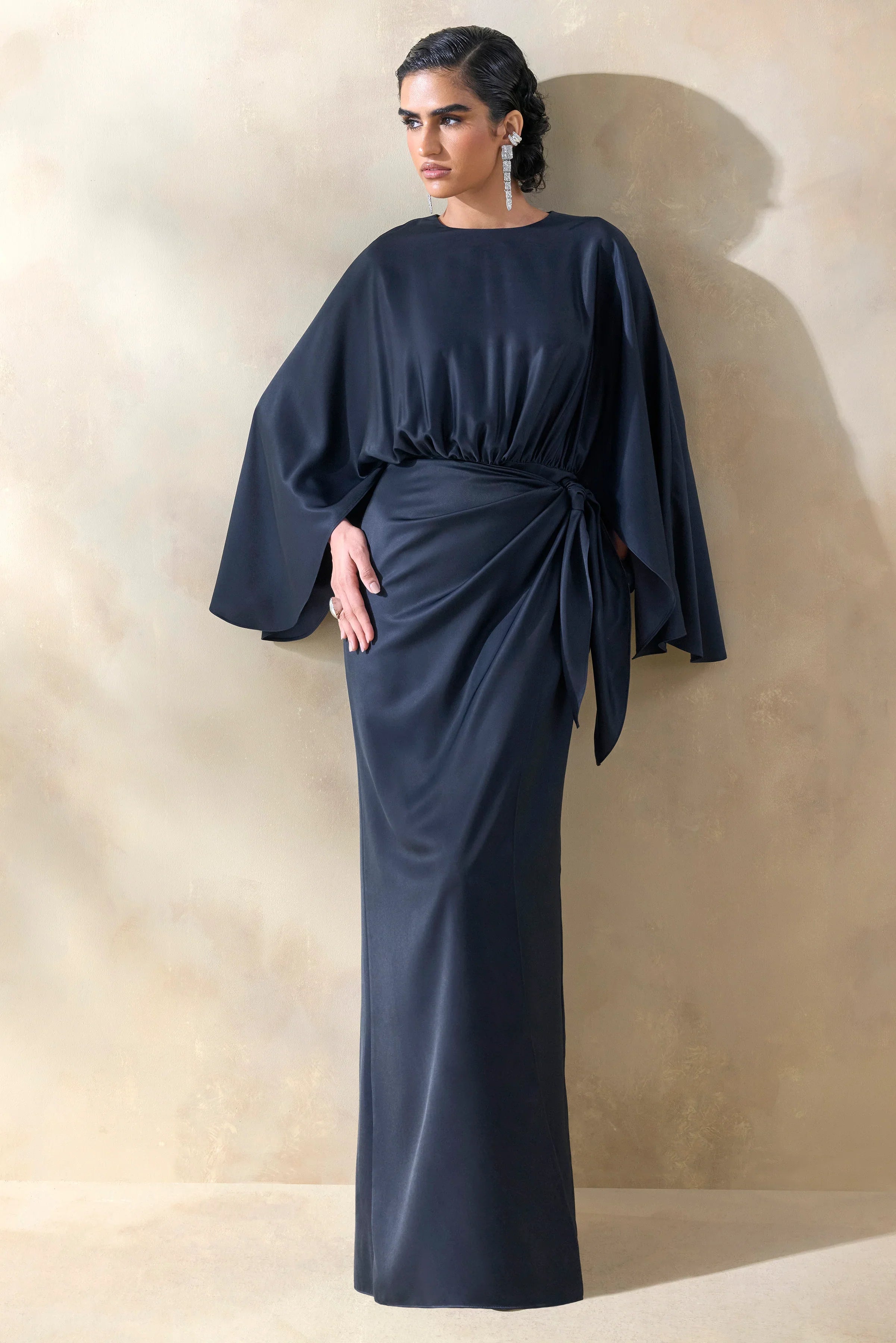 Delphina Navy Satin Maxi Dress With Gathered And Knot Detail