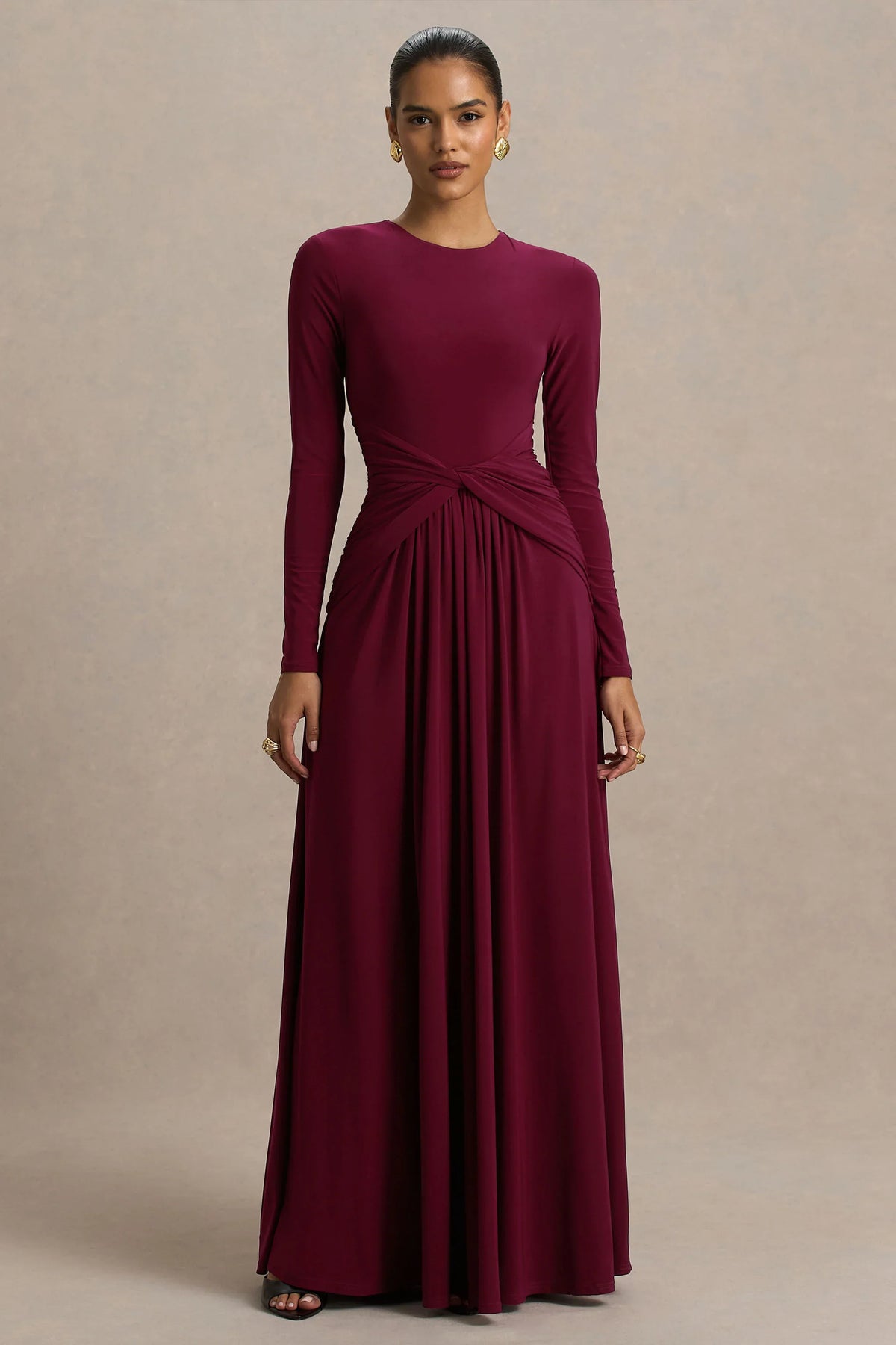 Estrella Berry High Neck Maxi Dress With Ruched Detailing