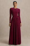 Estrella Berry High Neck Maxi Dress With Ruched Detailing