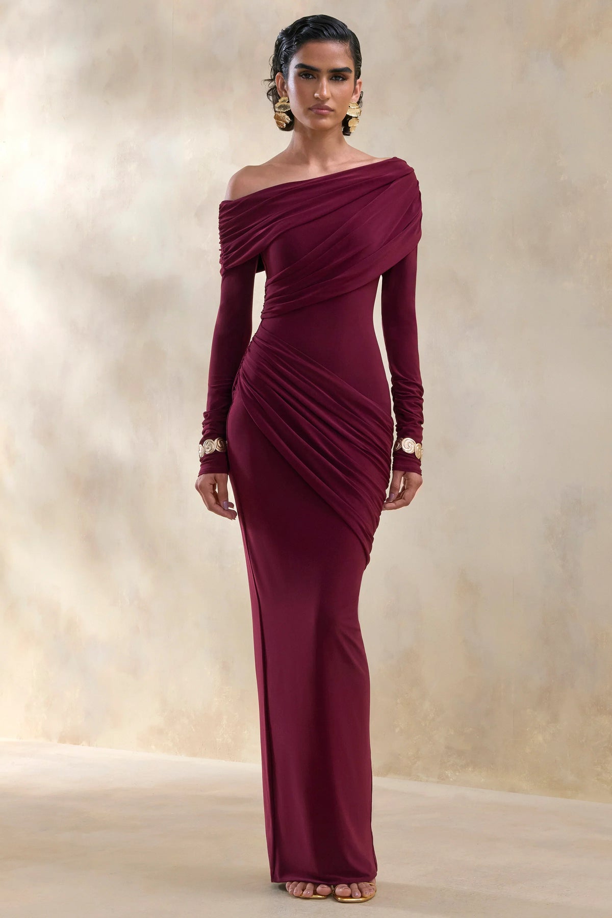 Rosirene Burgundy Asymmetric Neck Maxi Dress With Draped Detailing