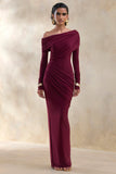Rosirene Burgundy Asymmetric Neck Maxi Dress With Draped Detailing