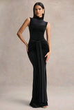 Idalina Black Velvet High Neck Maxi Dress With Gathered Detailing