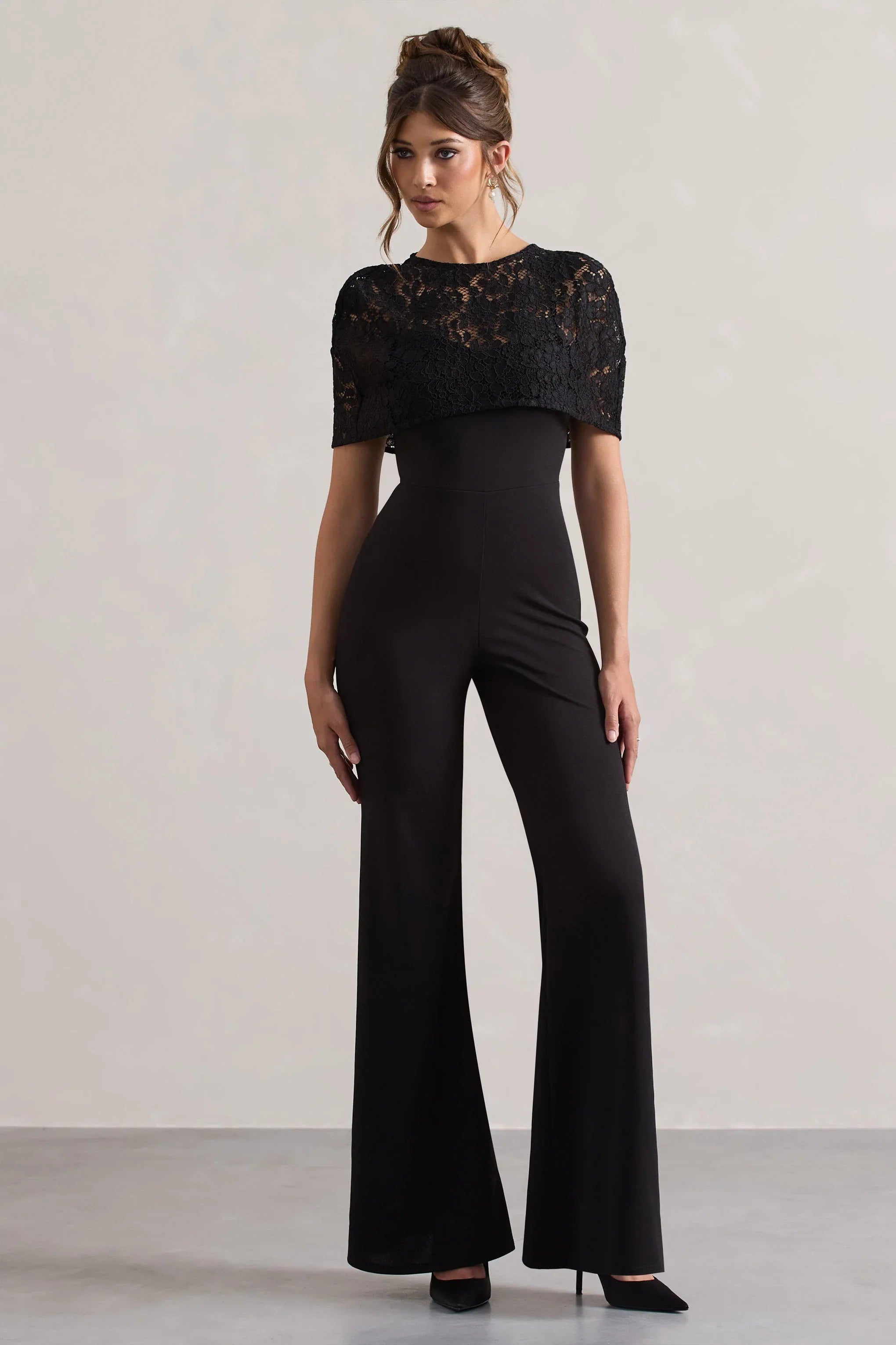 Endless Black Flared Leg Jumpsuit With Lace Overlay