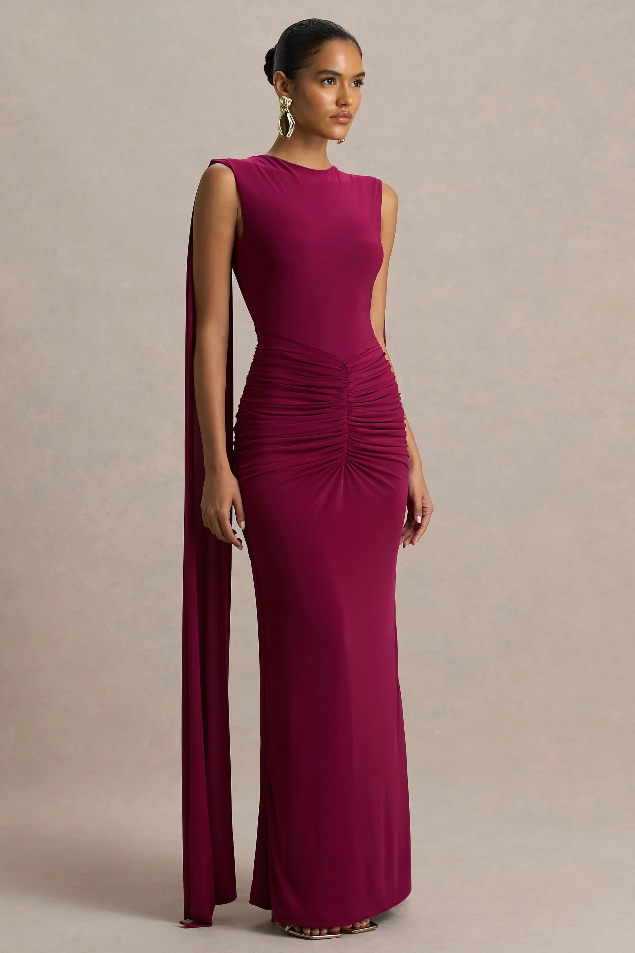 Premiere Burgundy Boat Neck Maxi Dress With Open Back And Cape Sleeves