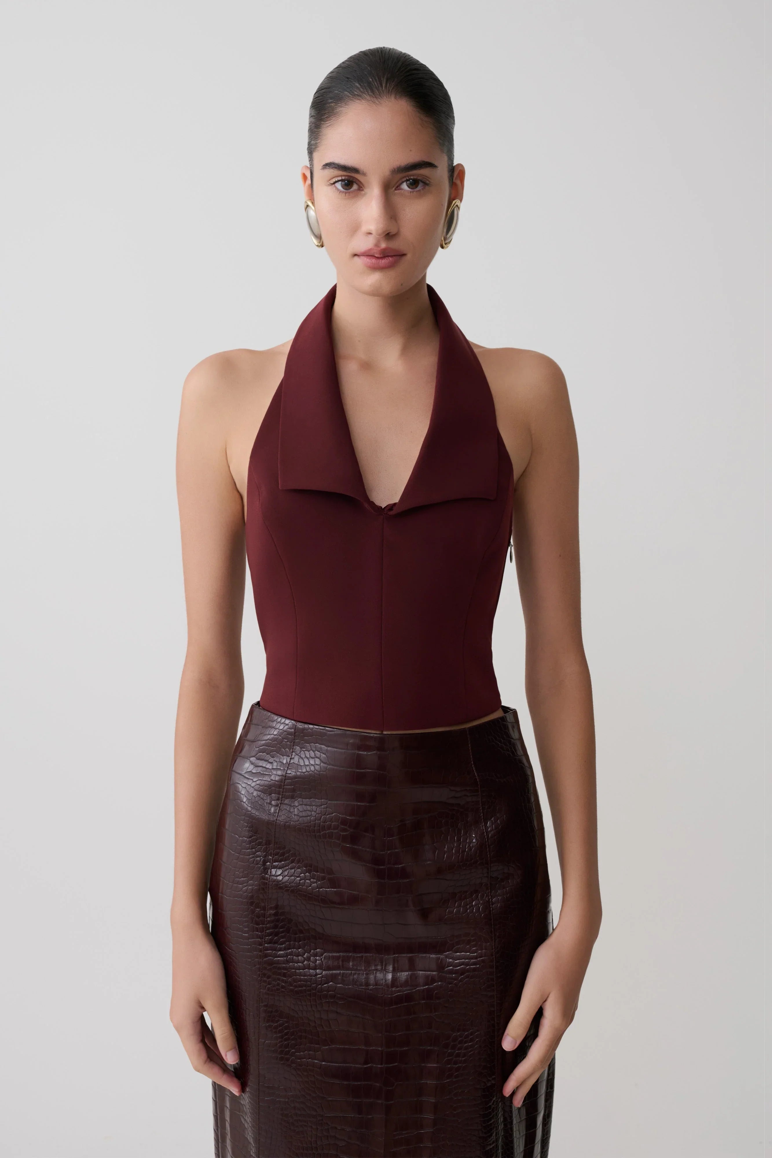 Calla Collared Sleeveless Halter Top Merlot
