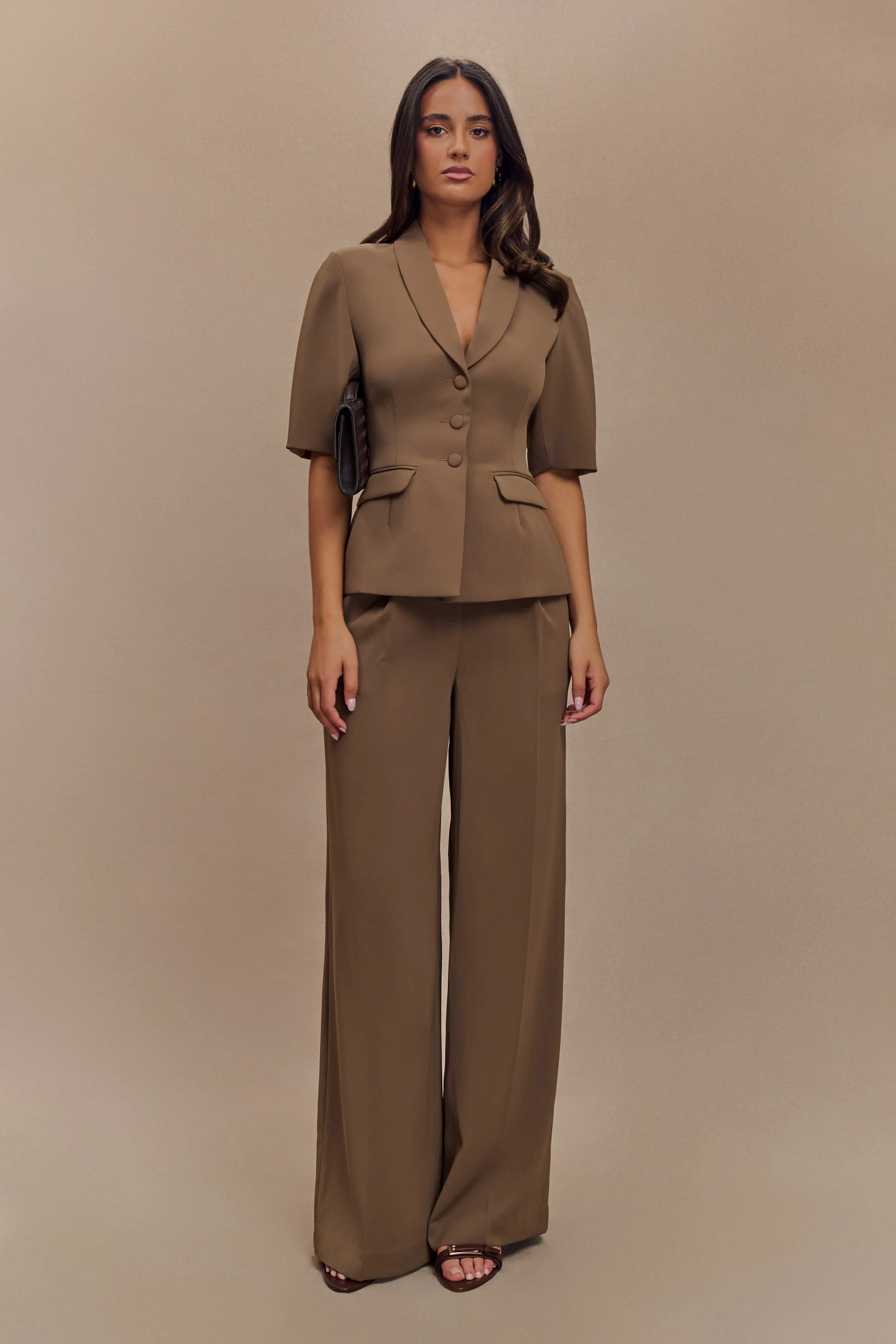 Opal Puff Sleeve Suiting Top Cacao Brown