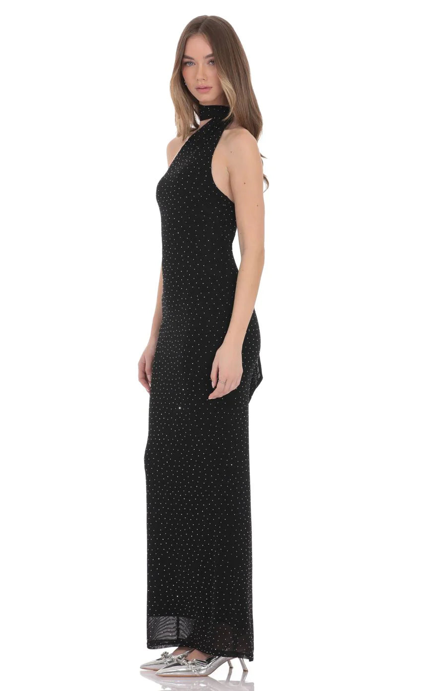 Scarf Ribbed Rhinestone Maxi Dress in Black