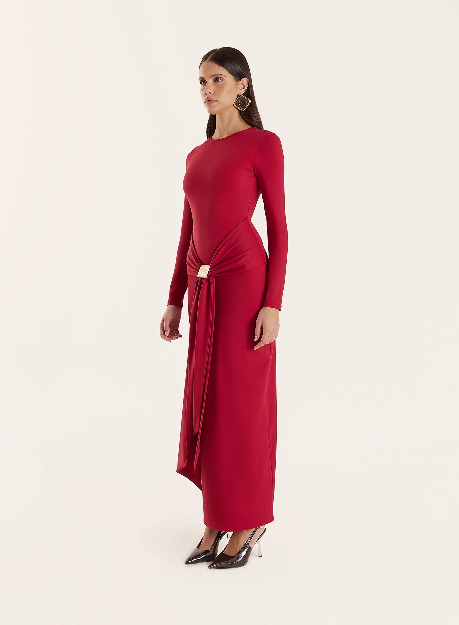 Red Jersey Hardware Waist Detail Maxi Dress