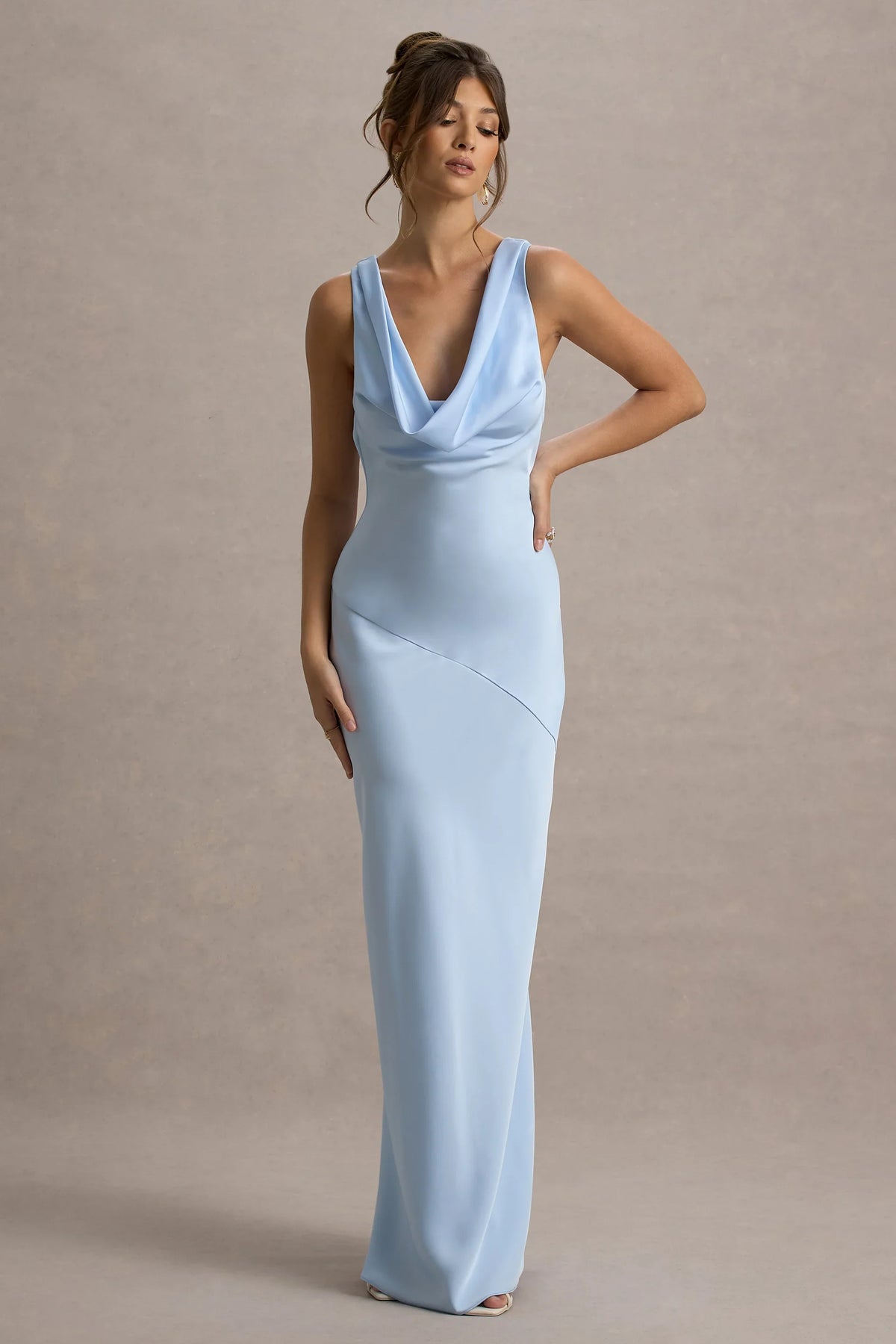 Alesso Powder Blue Satin Cowl Neck Slip Maxi Dress