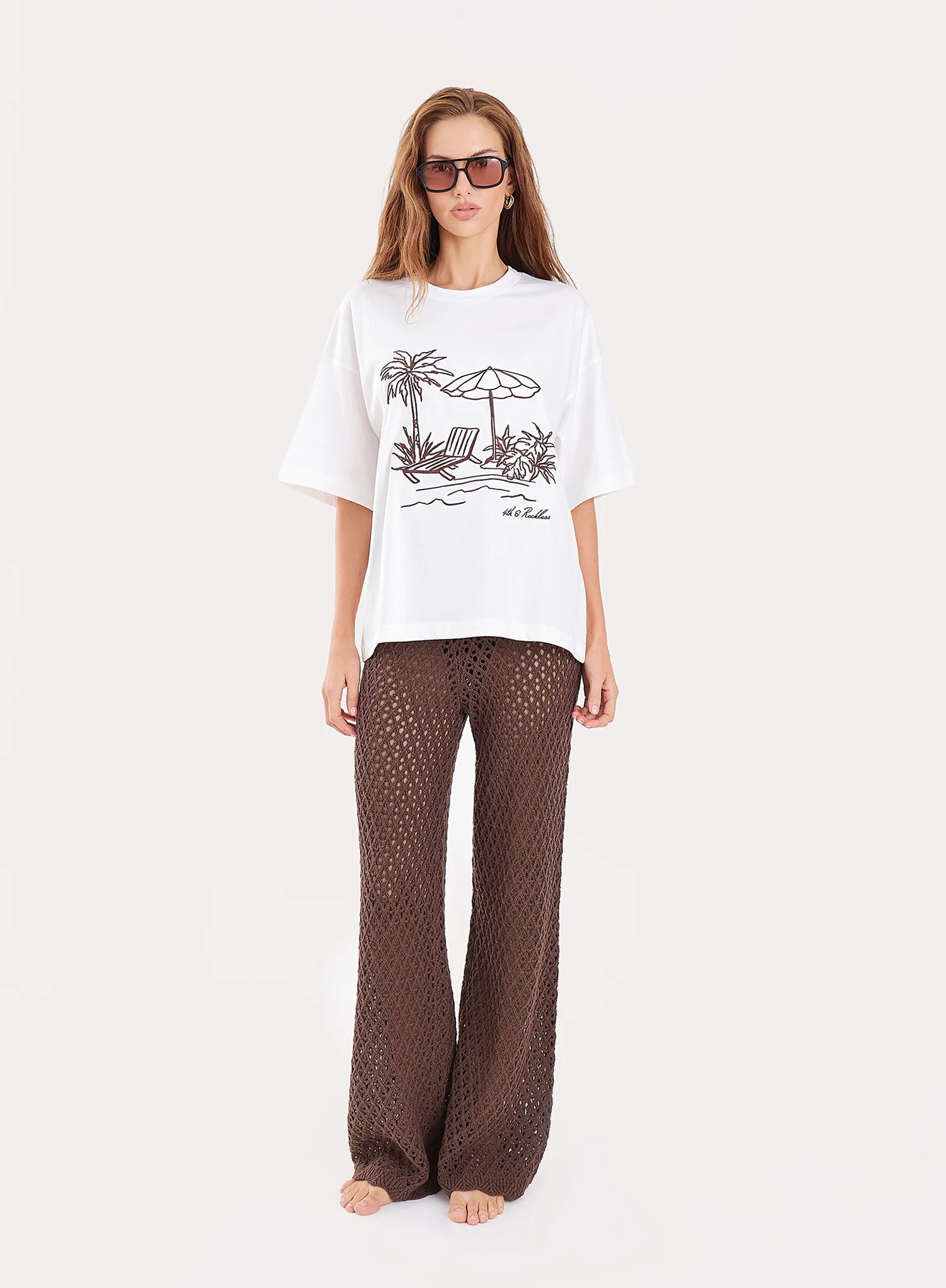 White Beach Embroidered Graphic Cotton T Shirt