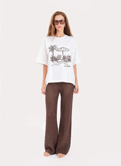 White Beach Embroidered Graphic Cotton T Shirt