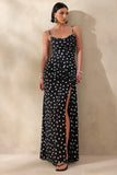 Virtue Black White Polka Dot Cowl Neck Fishtail Maxi Dress With Split