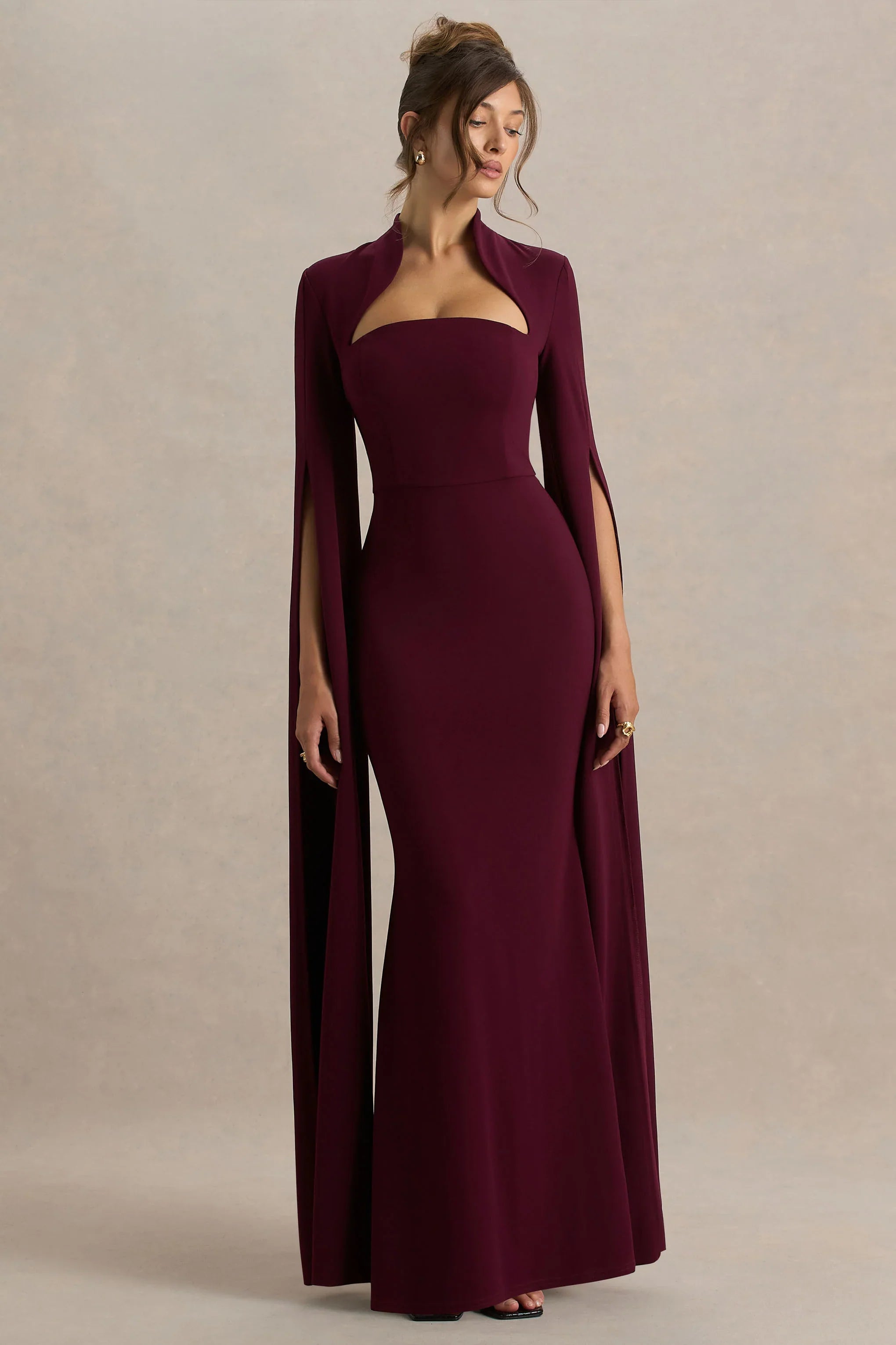 Esme Burgundy Square Neck Maxi Dress With Cape Sleeves