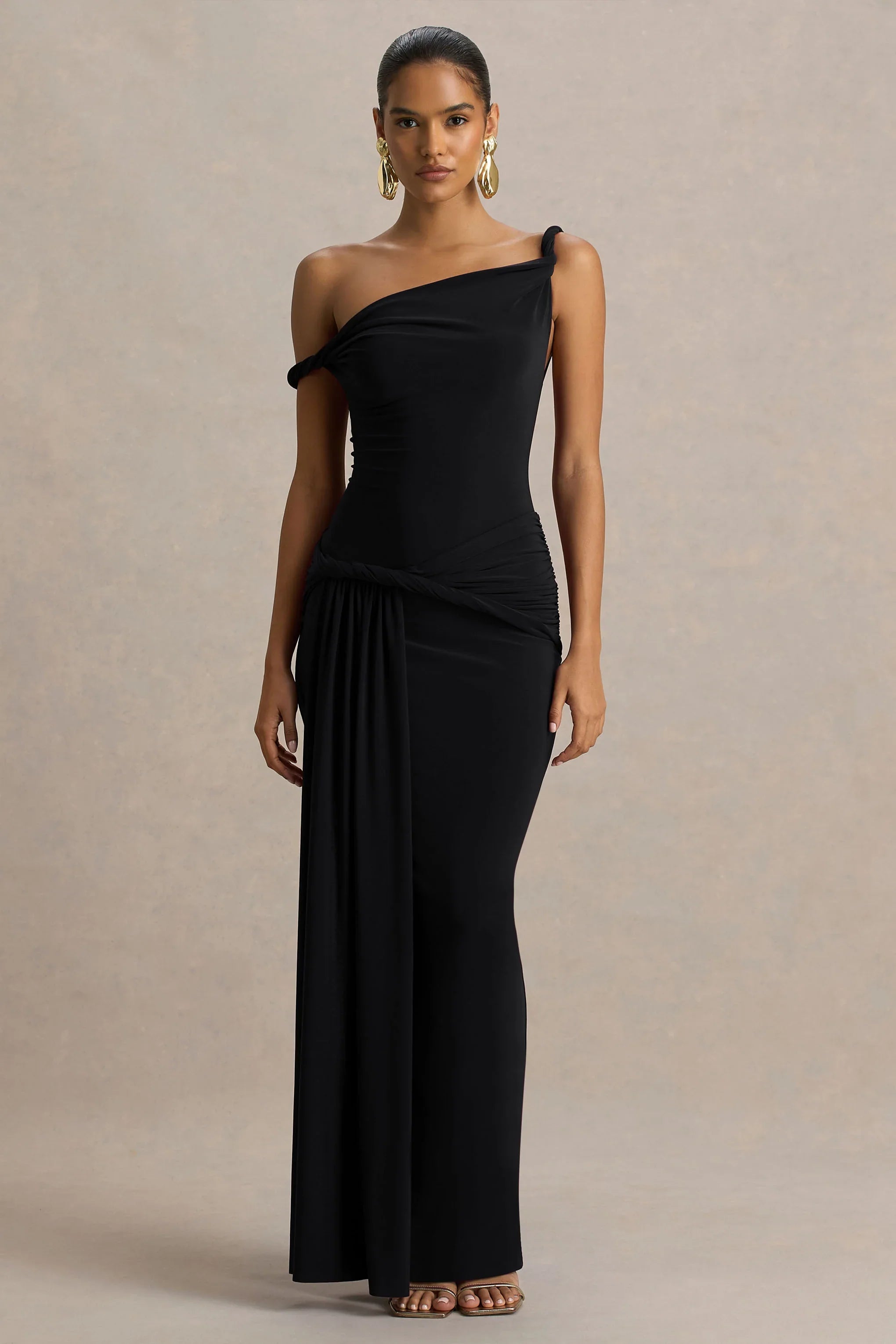 Tulisa Black Asymmetric Neck Maxi Dress With Twist Sleeves And Ruched Detailing
