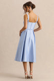 Crystaline Powder Blue Satin Square Neck Midi Dress