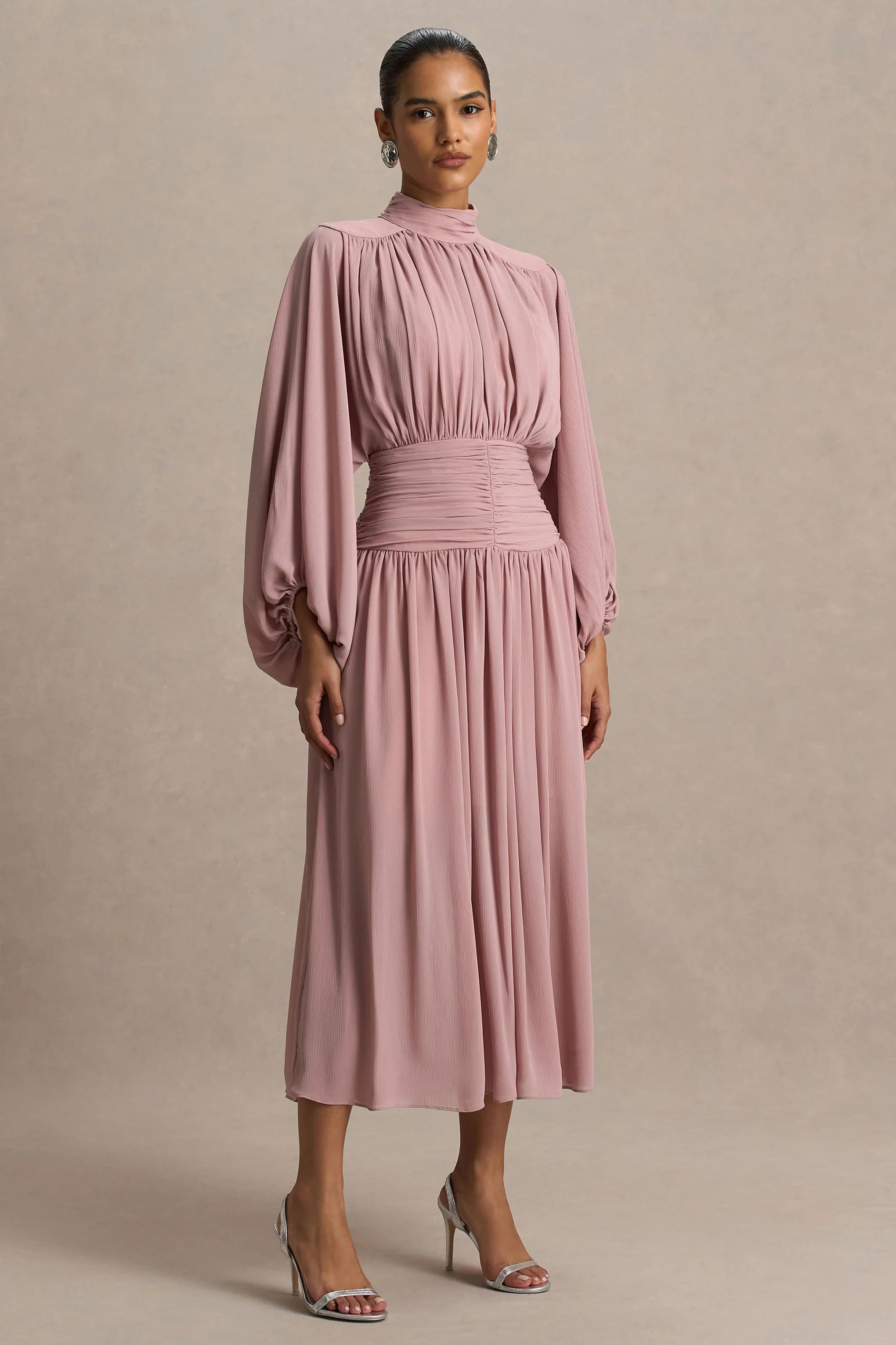 Annabel Dusty Pink High Neck Midi Dress With Drop Waist And Pleated Detailing
