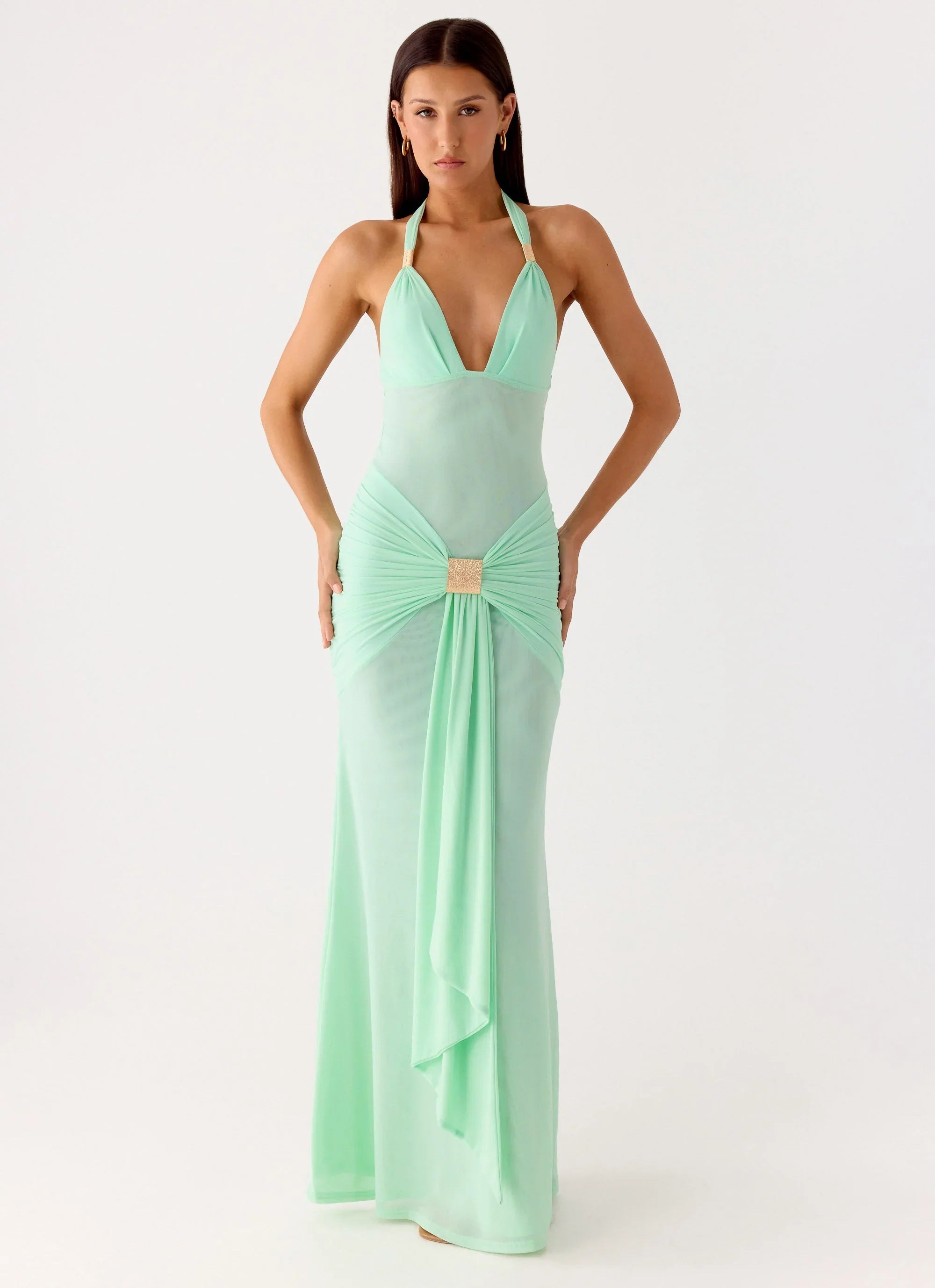 Miyah Halter Hardware Maxi Dress Mint Blue