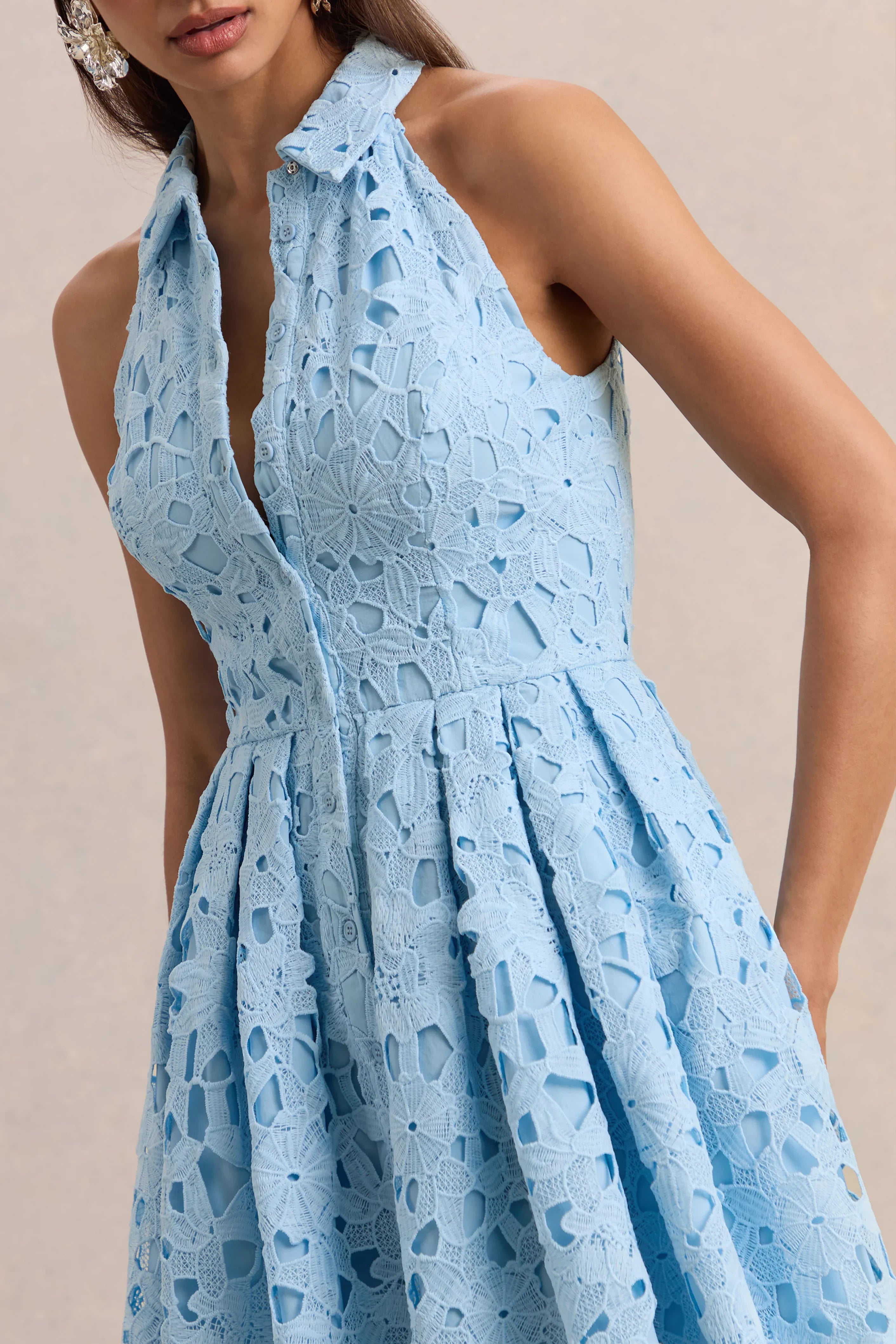Milly Powder Blue Lace Halter Neck Mini Dress
