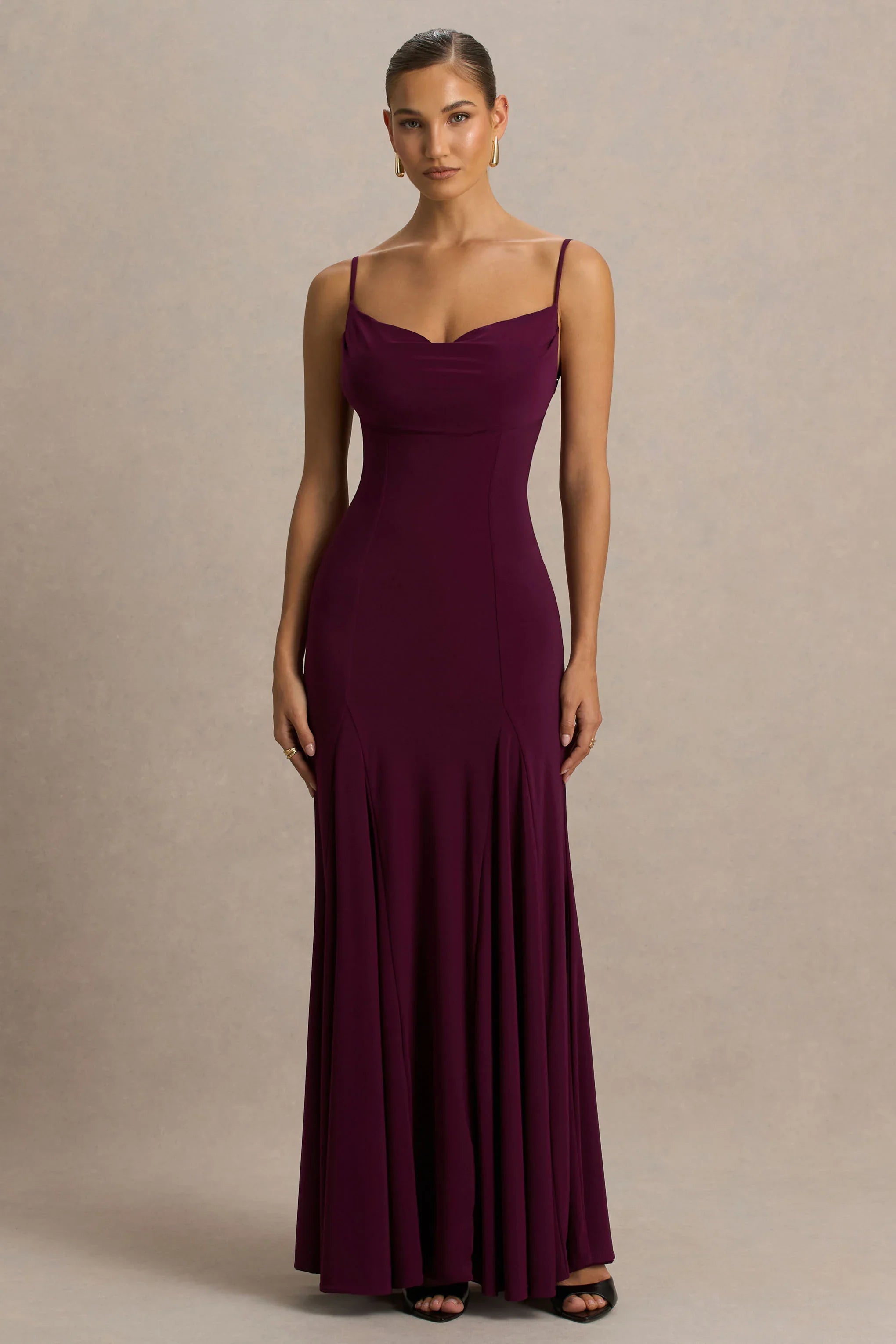 Gabbie Burgundy Cowl Neck Maxi Dress With Mesh Back Detail