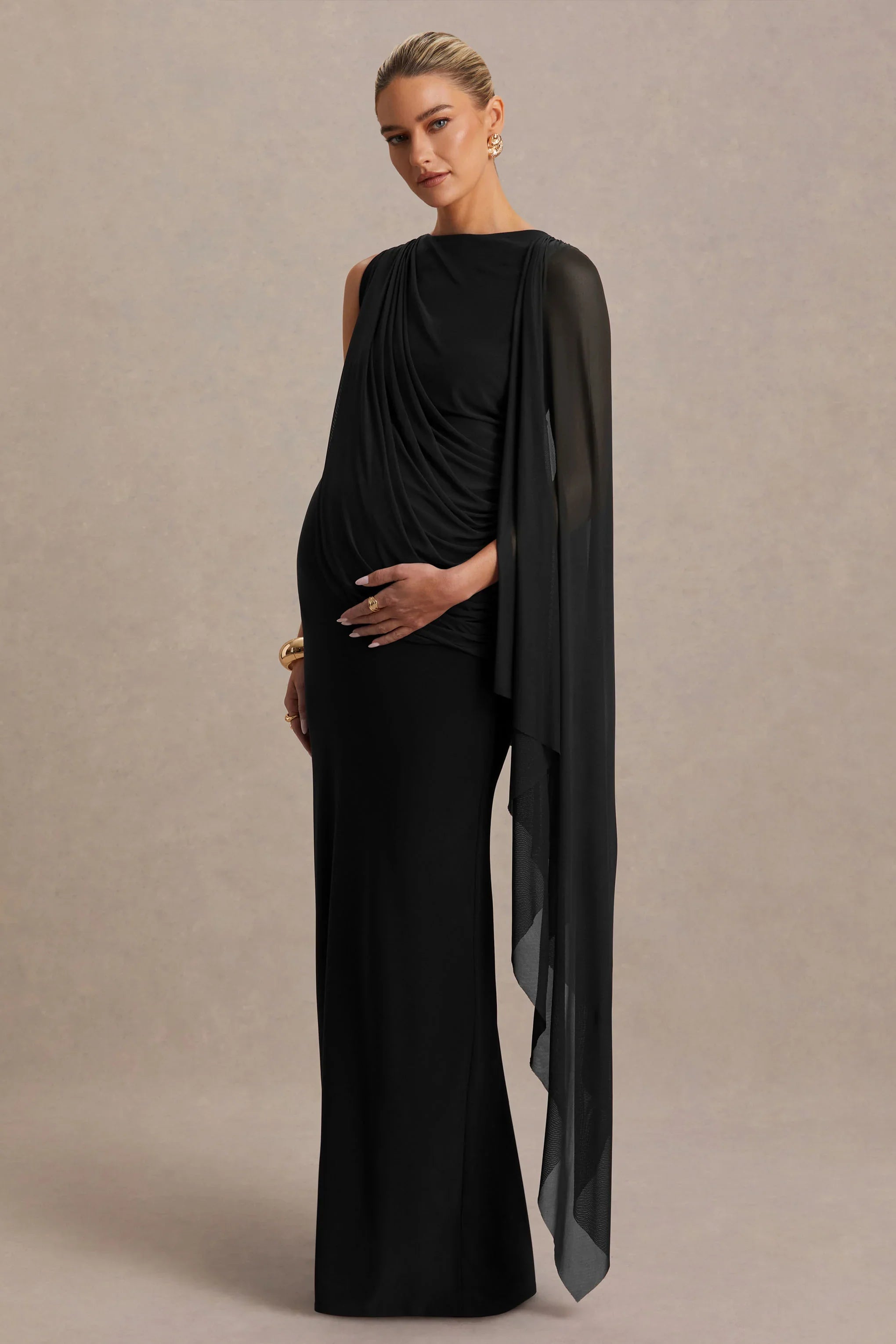 Cristina Black High Neck Maternity Maxi Dress With Cape Sleeve