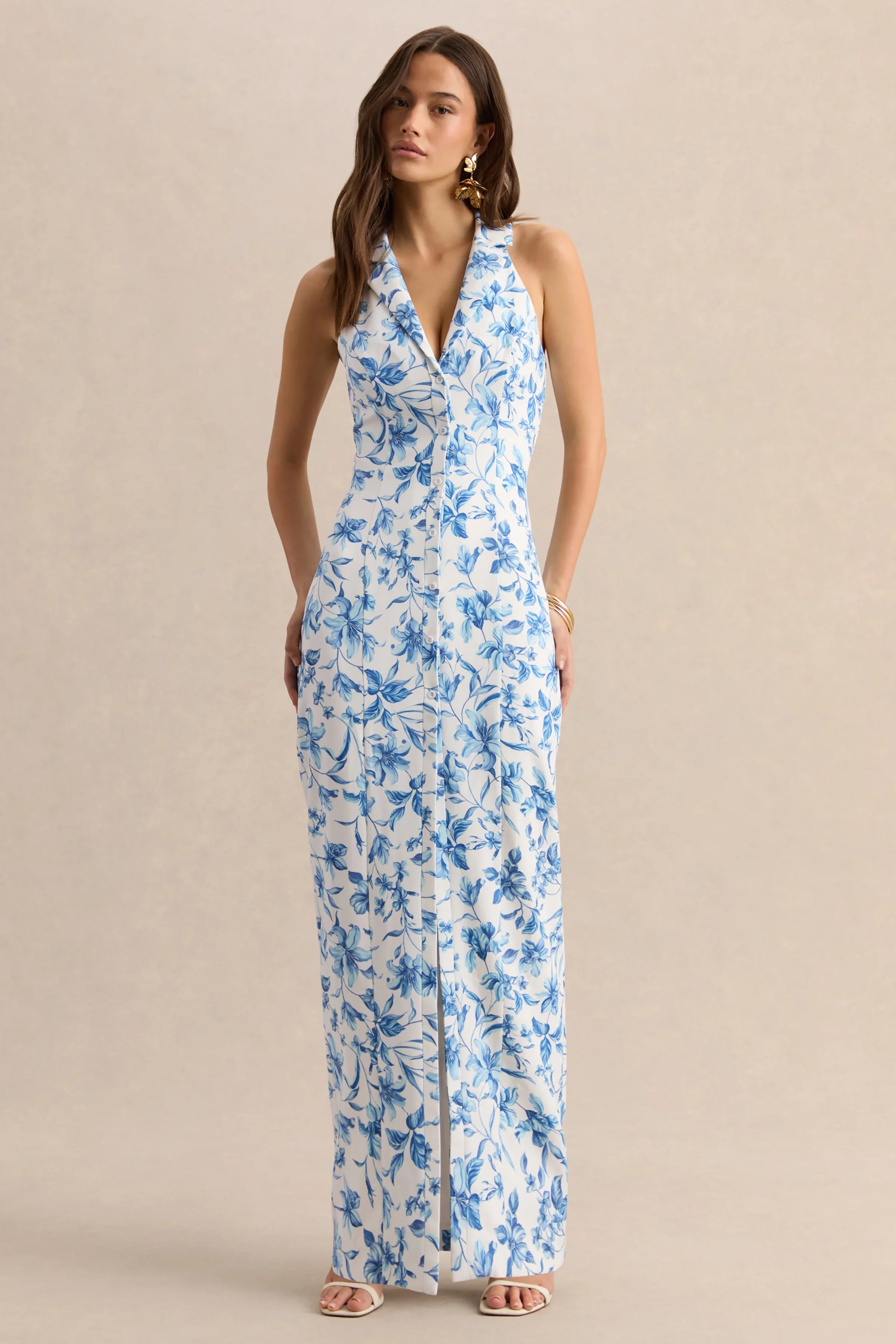 Quinn Blue Porcelain Print Plunge Neck Tailored Maxi Dress