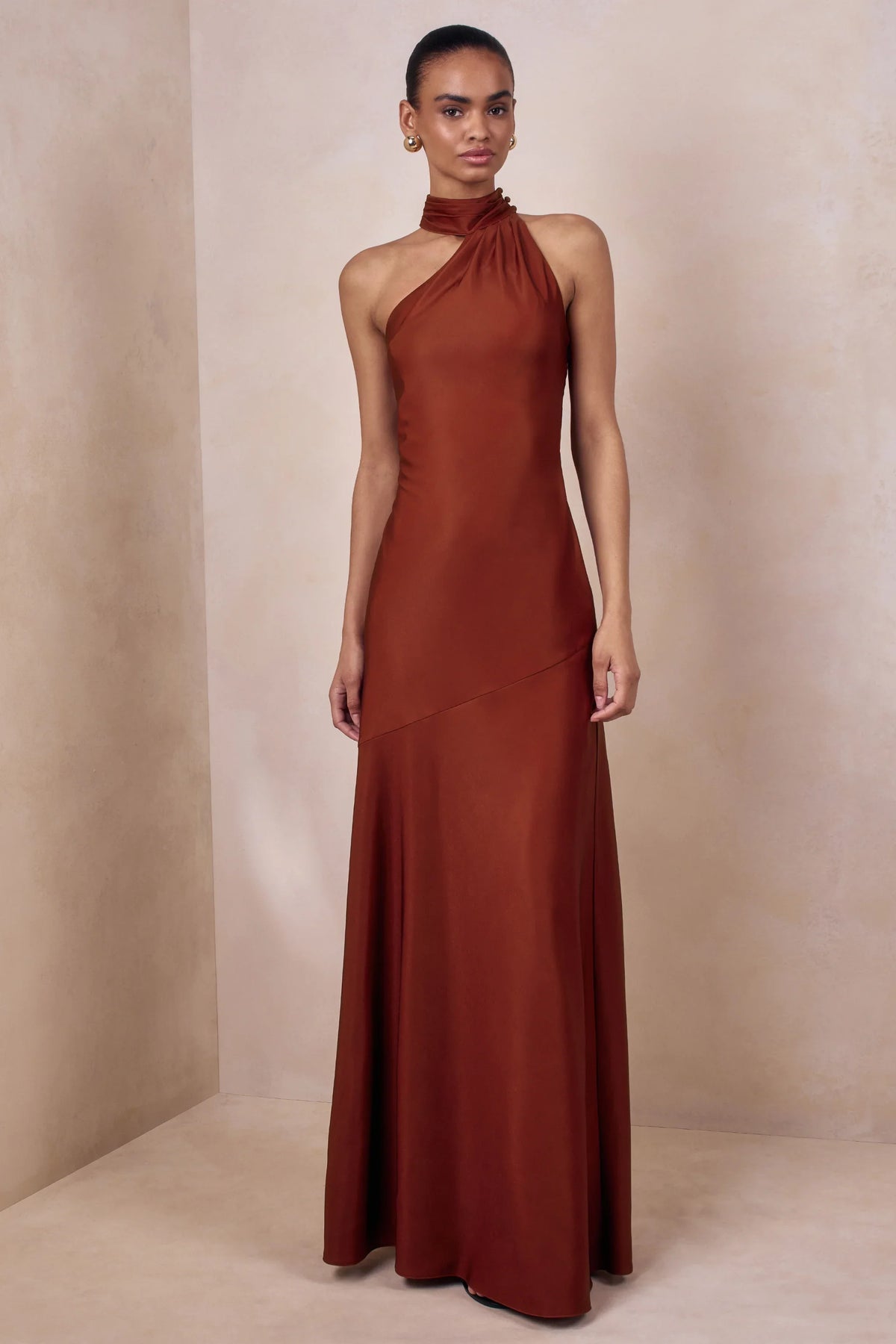 Cara Rust Matte Satin High Neck Maxi Dress