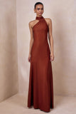 Cara Rust Matte Satin High Neck Maxi Dress
