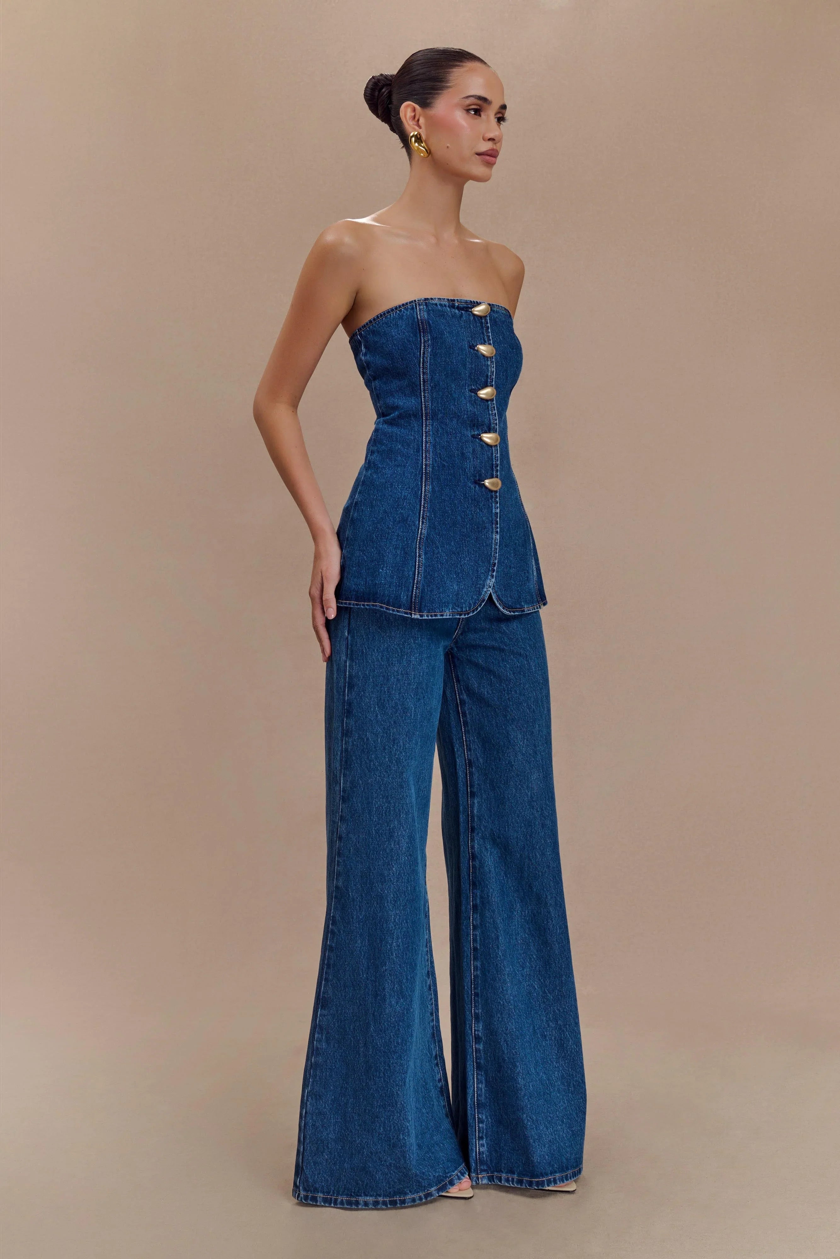 Lennox Strapless Long Line Button Top Dark Blue