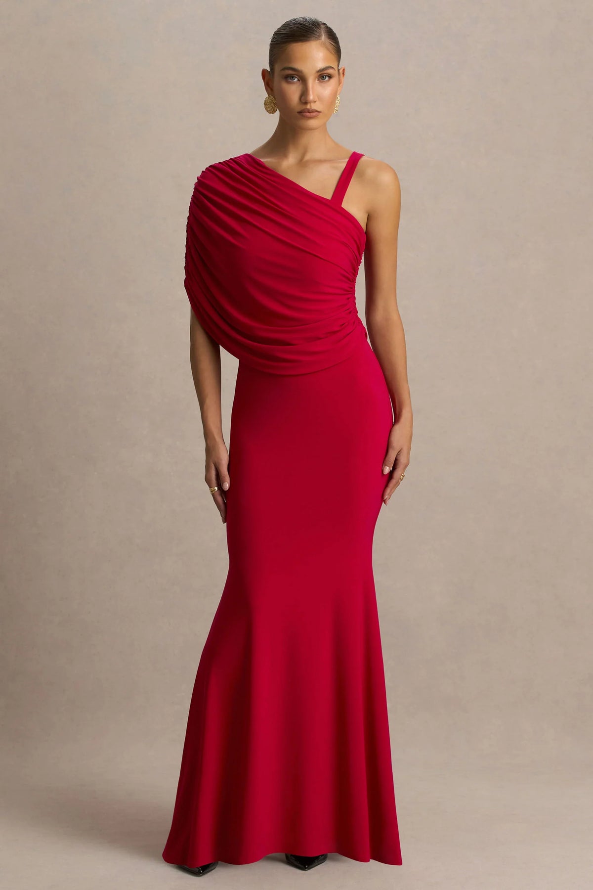 Sylvie Red Asymmetric Neck Maxi Dress