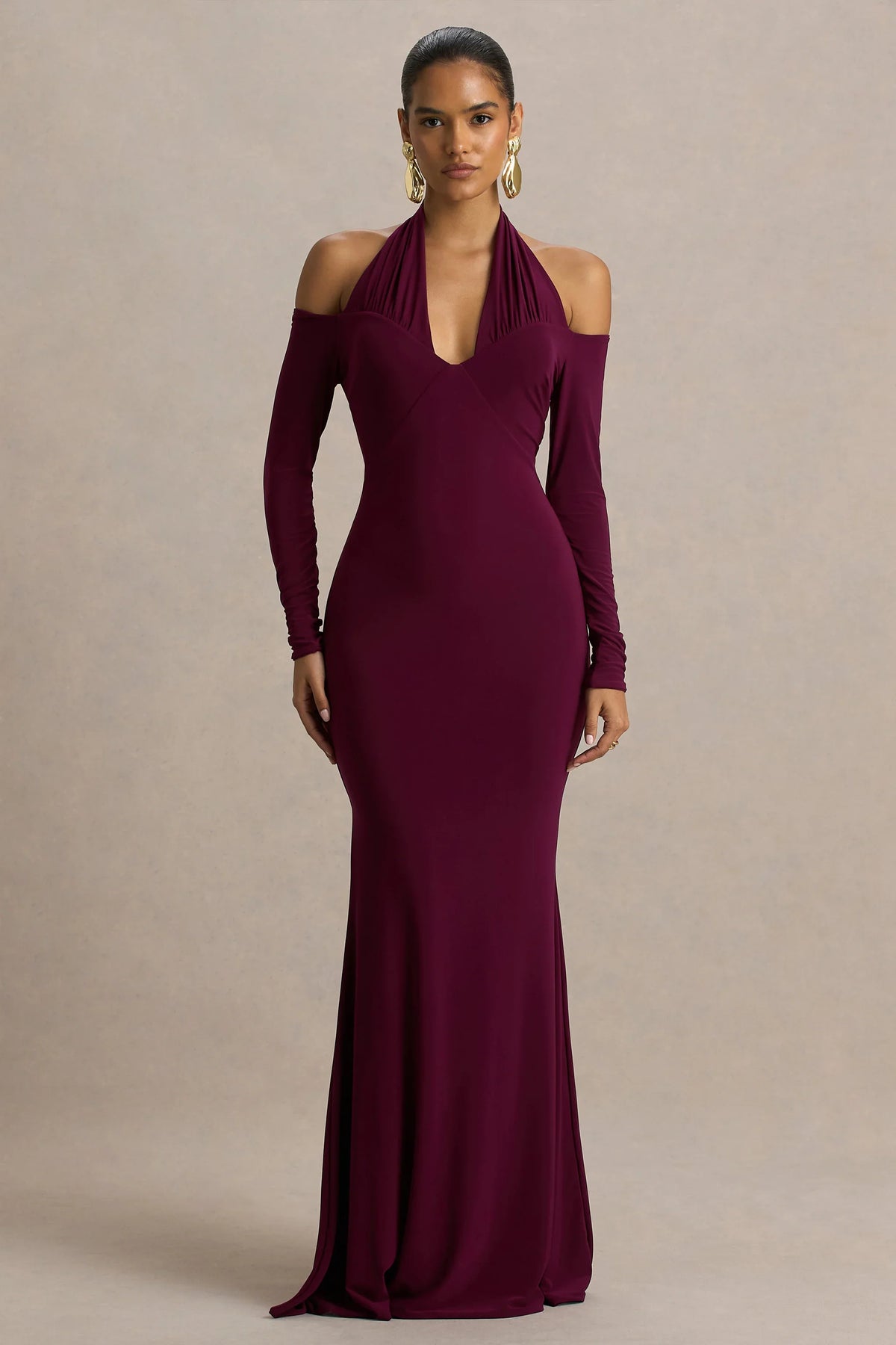 Living High Burgundy Halter Neck Maxi Dress With Long Sleeves