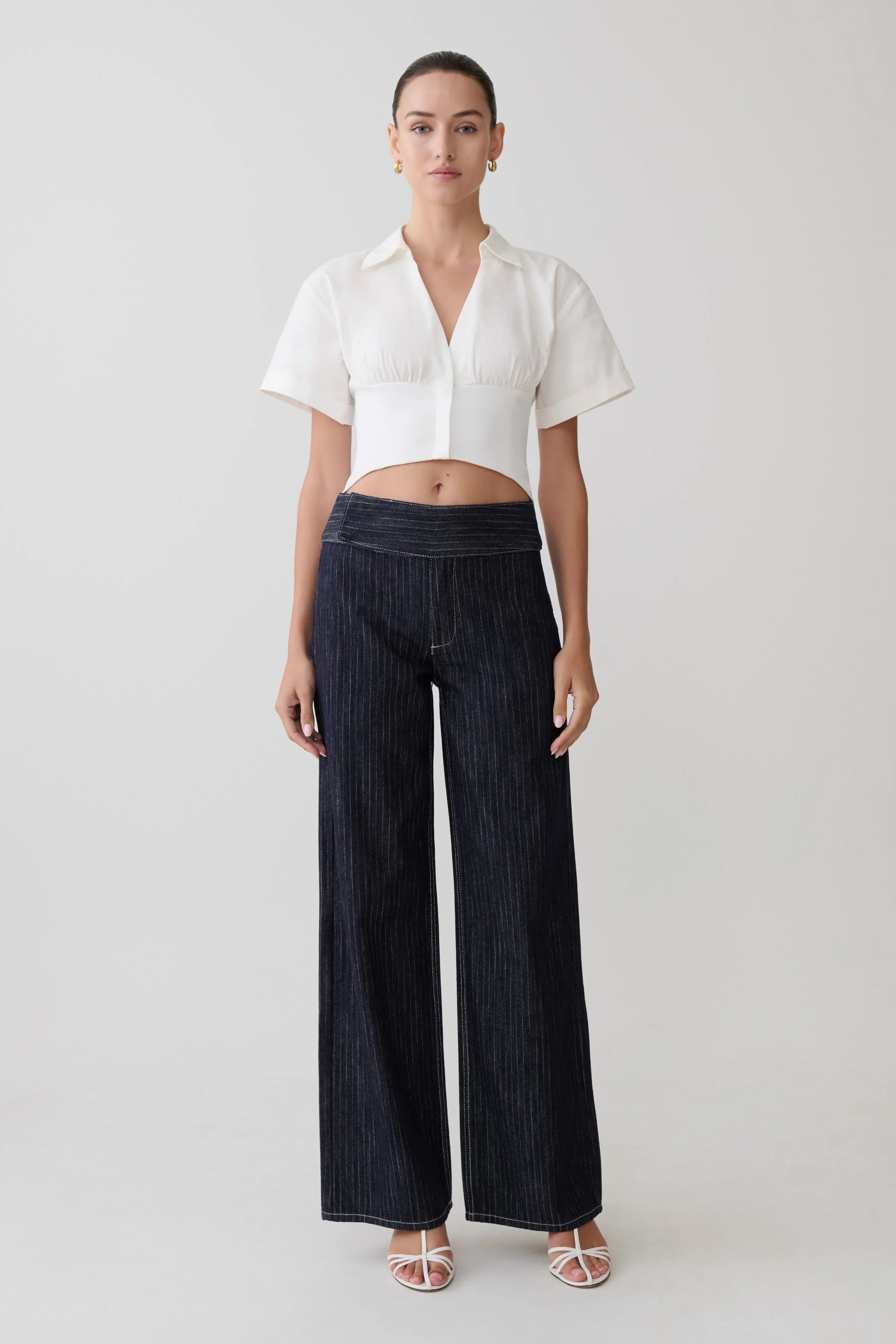 Sienna Flare Mid Rise Denim Jeans Indigo Pinstripe