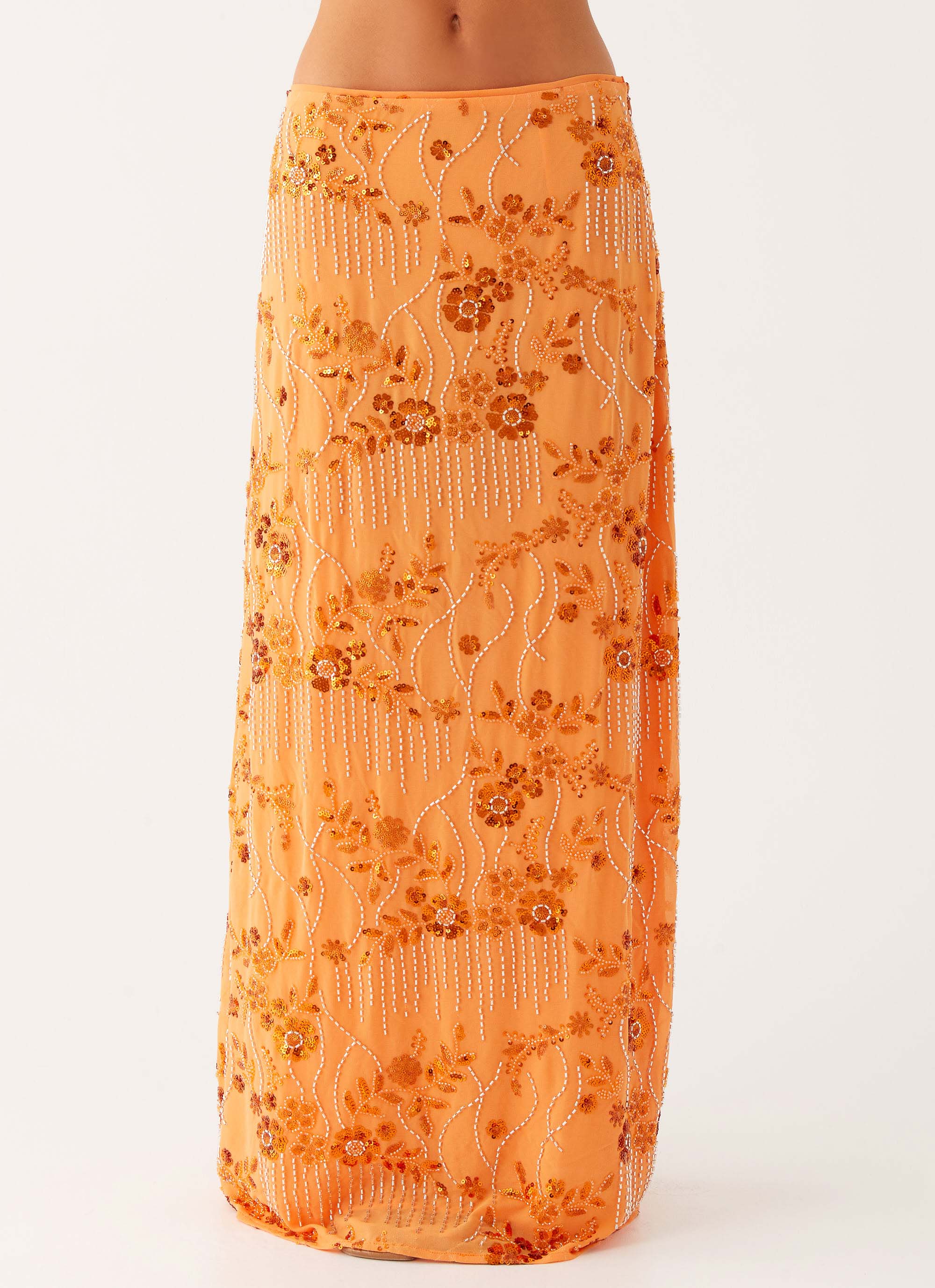 Corinna Low Rise Sequin Maxi Skirt Orange