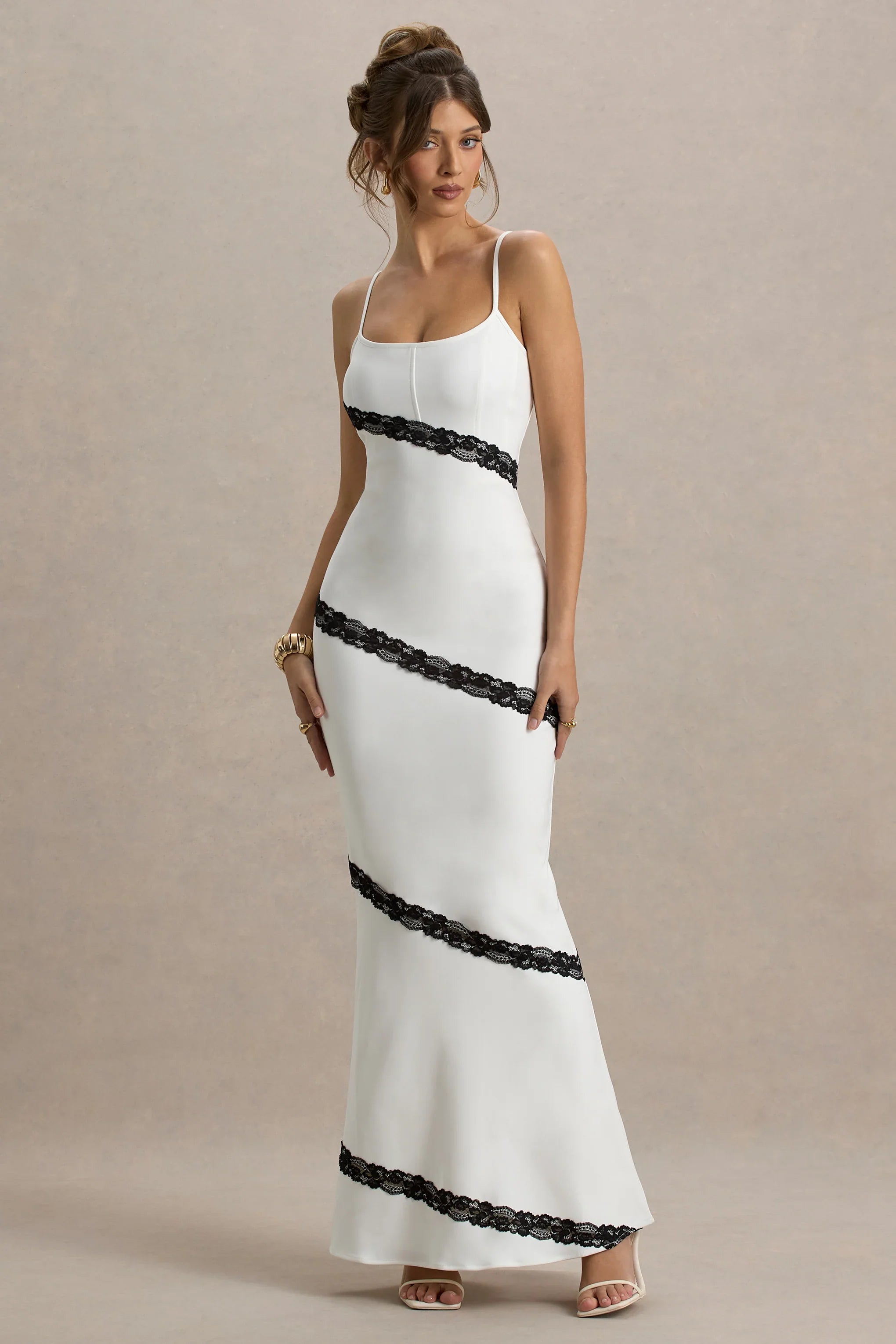 Elizabeth White Black Strappy Lace Trimmed Maxi Dress