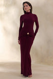 Ambrette Dark Plum High Neck Maxi Dress With Gathered Detailing