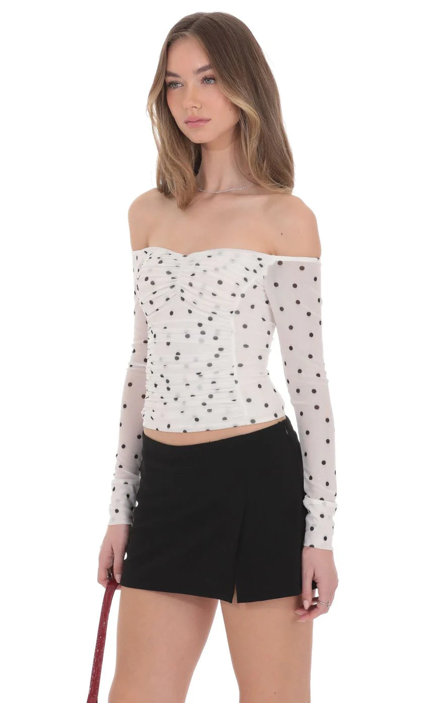 Polka Dot Off Shoulder Ruched Top in White