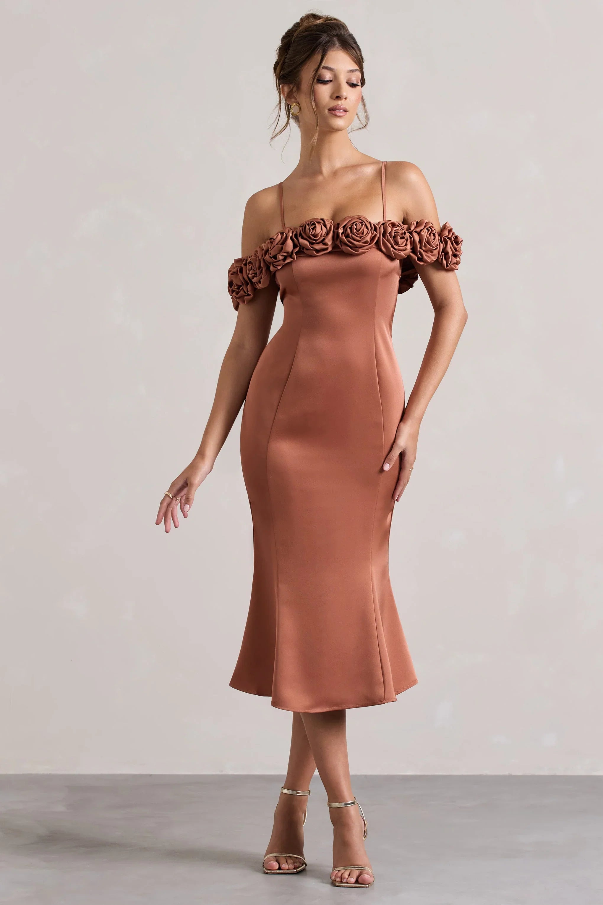Petunia Rust Satin Floral Bardot Midi Dress
