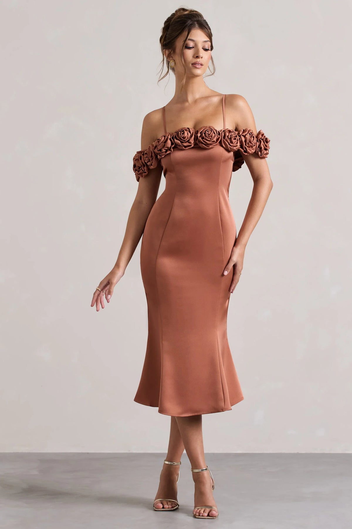 Petunia Rust Satin Floral Bardot Midi Dress