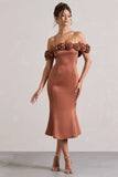 Petunia Rust Satin Floral Bardot Midi Dress