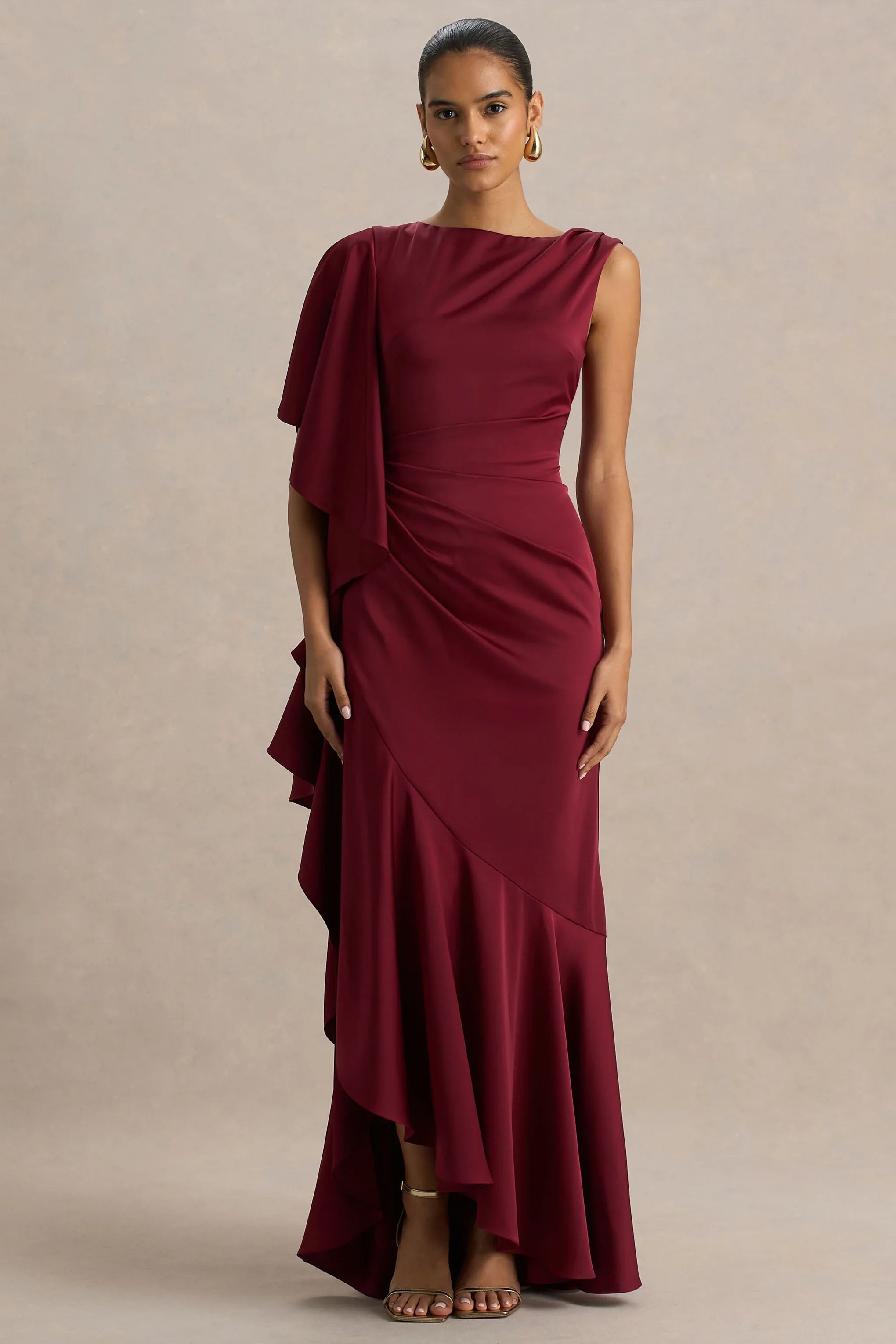 Rosy Burgundy Satin Boat Neck Maxi Dress With Front Split And Ruffled Detailing