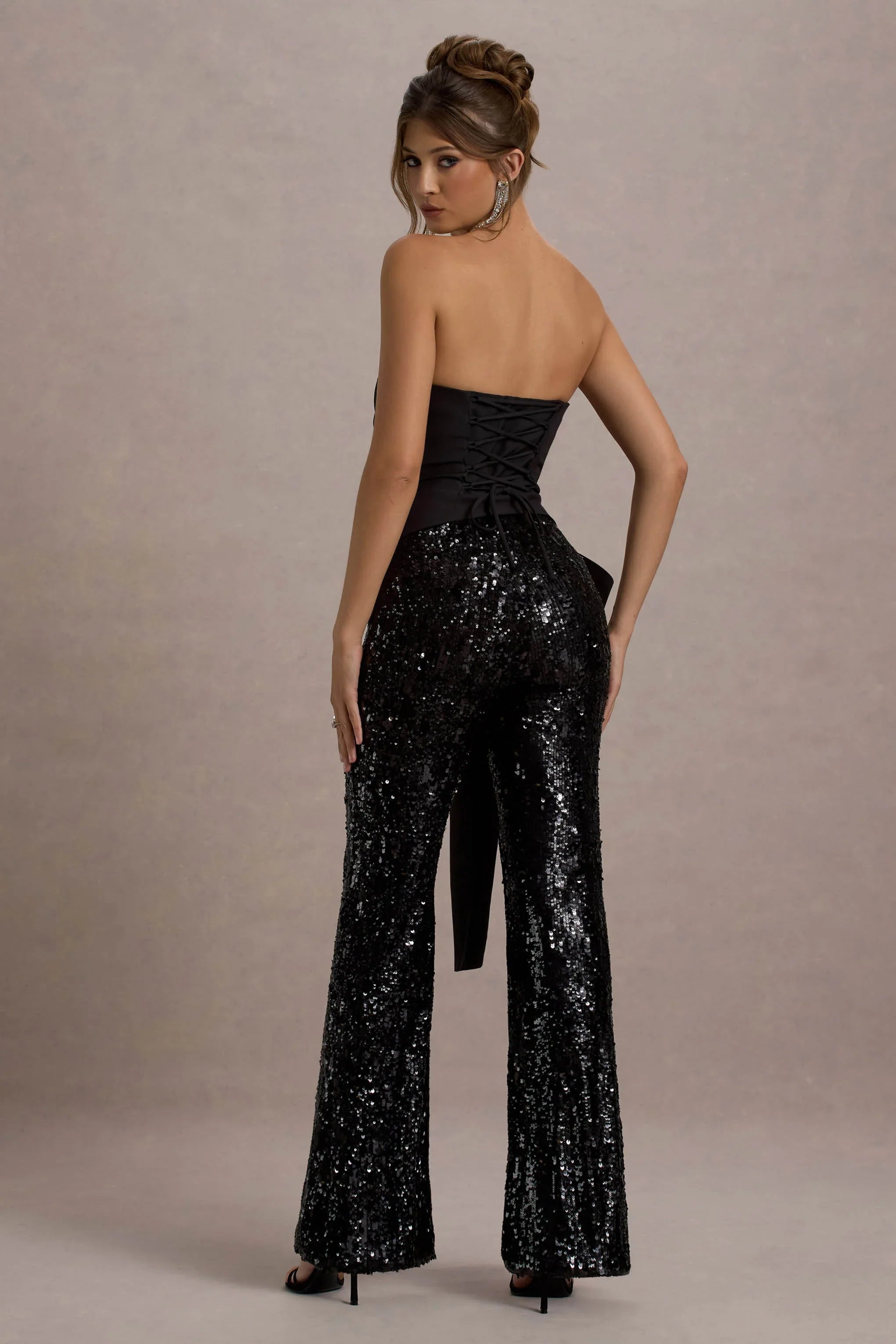 Bianco Black Sequin Strapless Flared Leg Jumpsuit With Drape