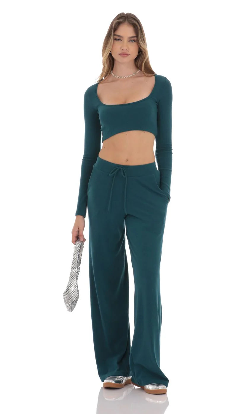 Soft Ribbed Straight Pants in Teal