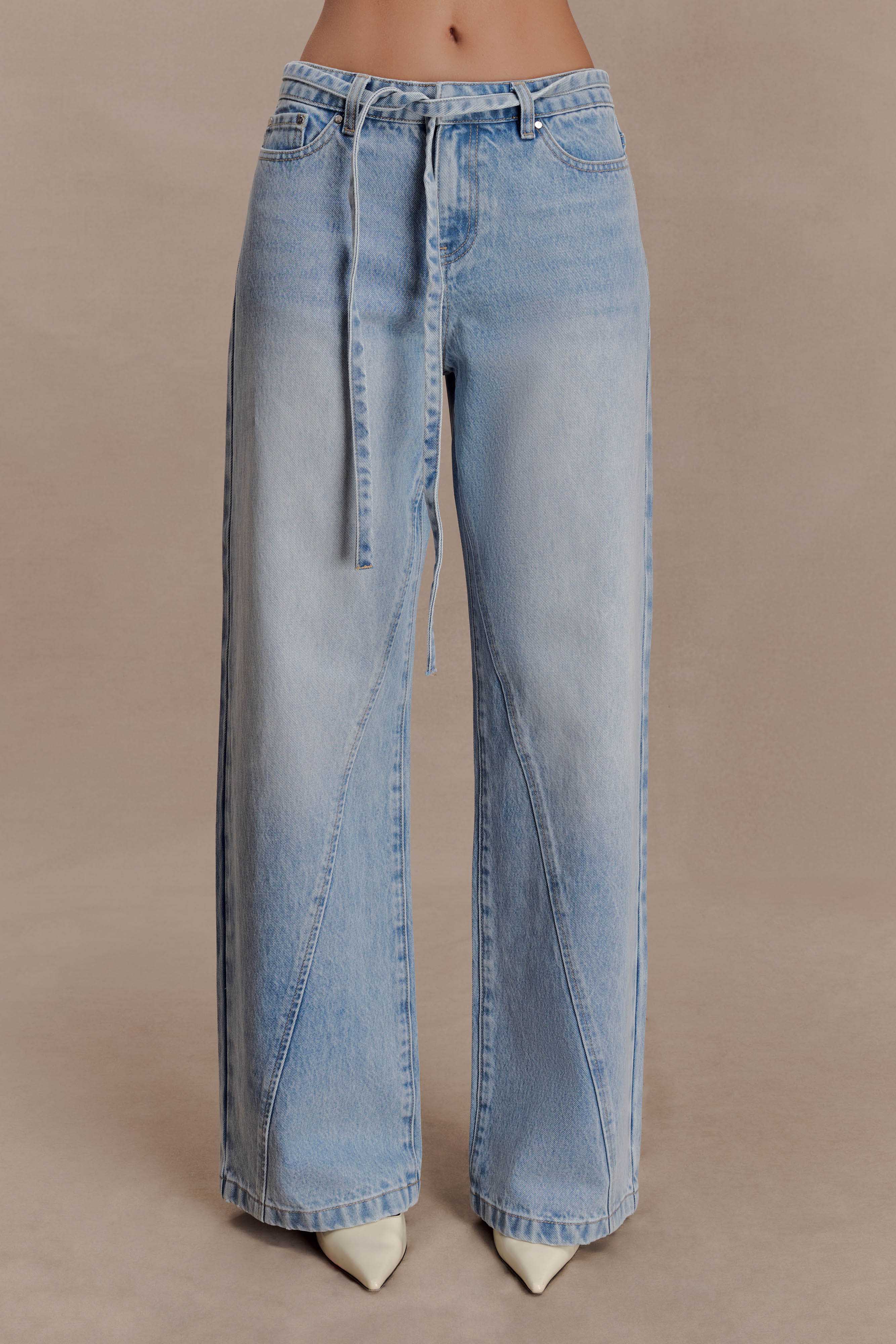 Perrie Mid Rise Straight Leg Tie Jeans Washed Light Blue
