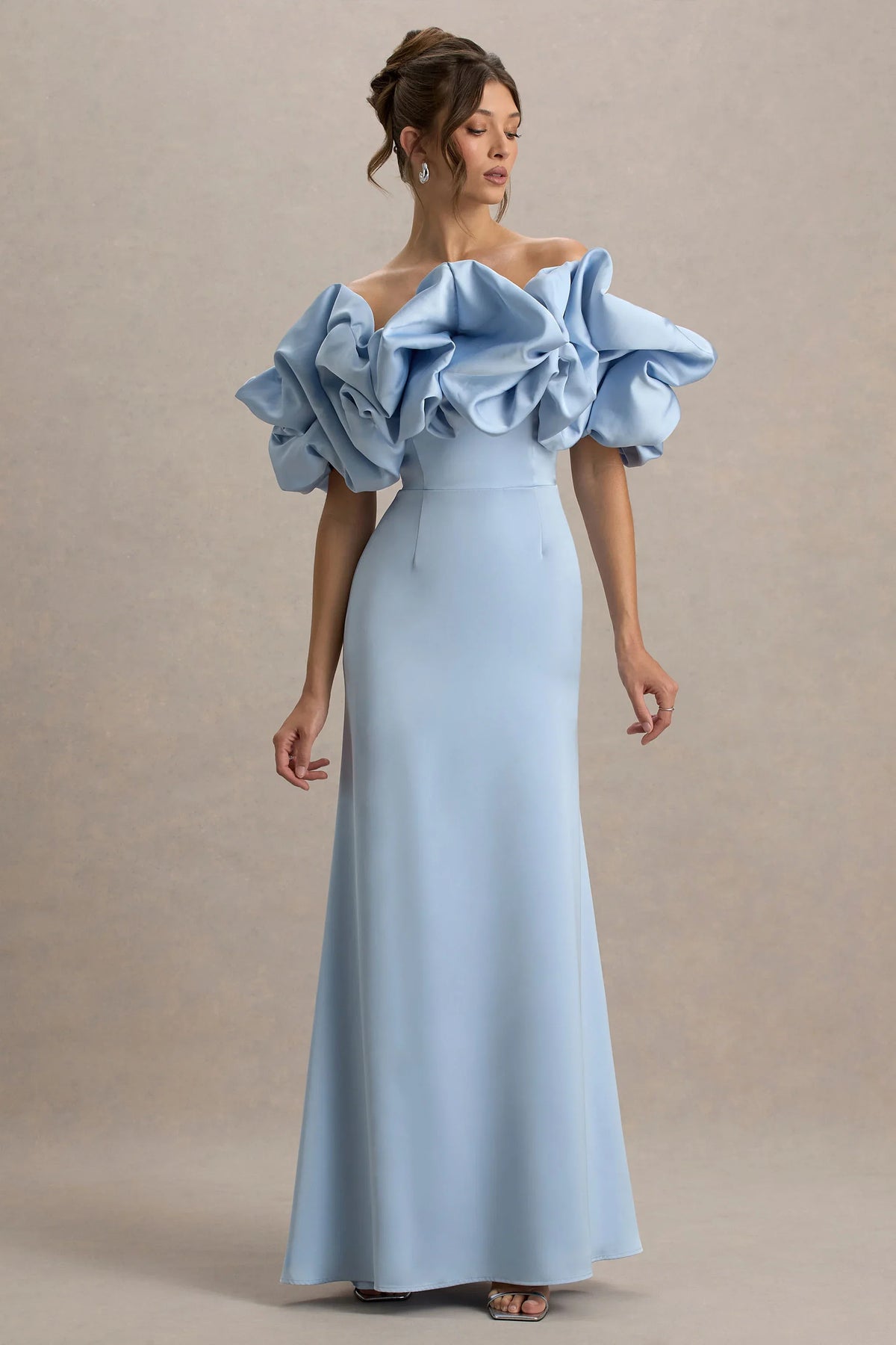Allie Powder Blue Puff Bardot Maxi Dress
